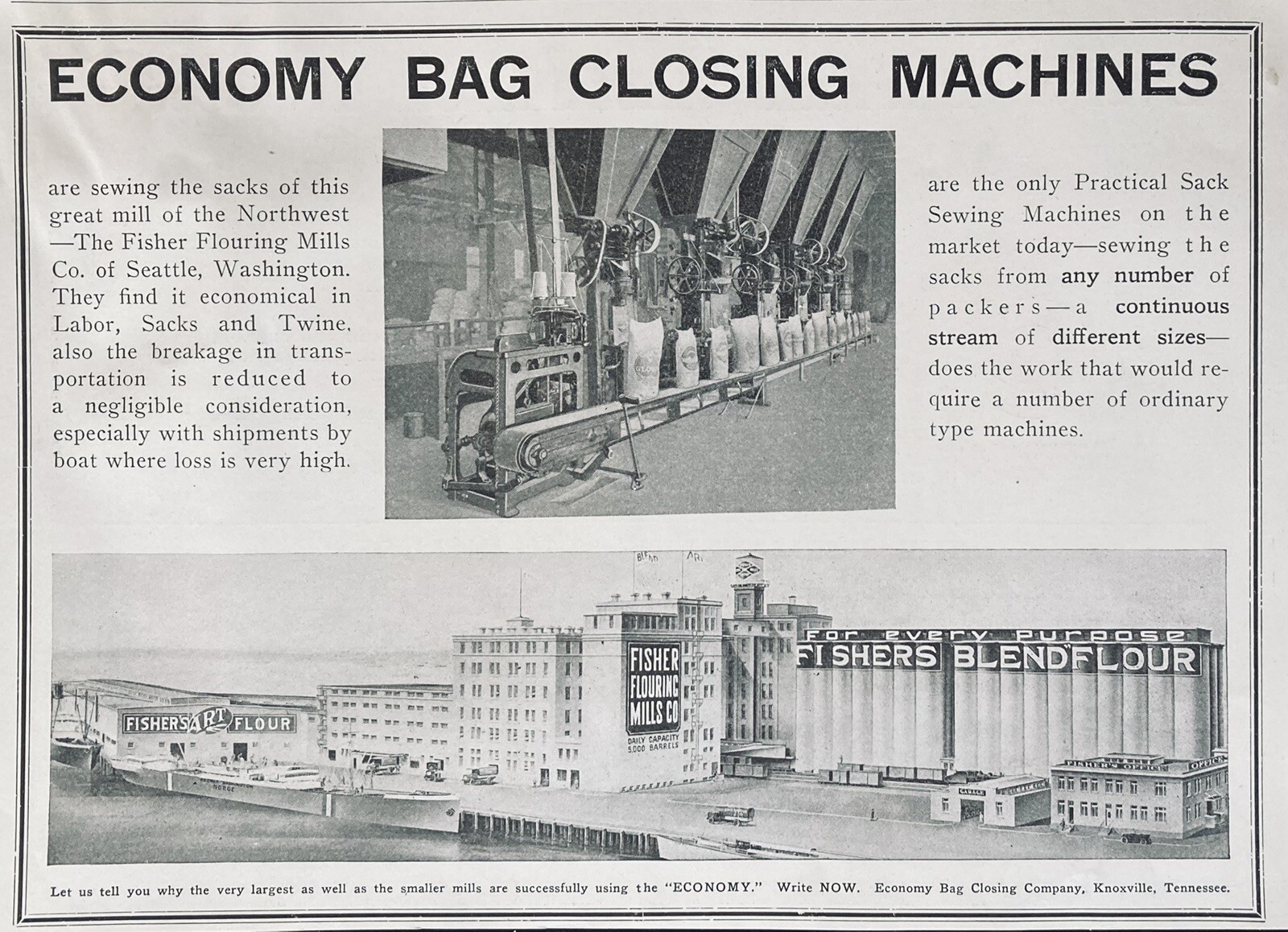 1919 AD.(XG18)~ECONOMY BAG CLOSING CO. KNOXVILLE. AT FISHER MILL SEATTLE, WA.