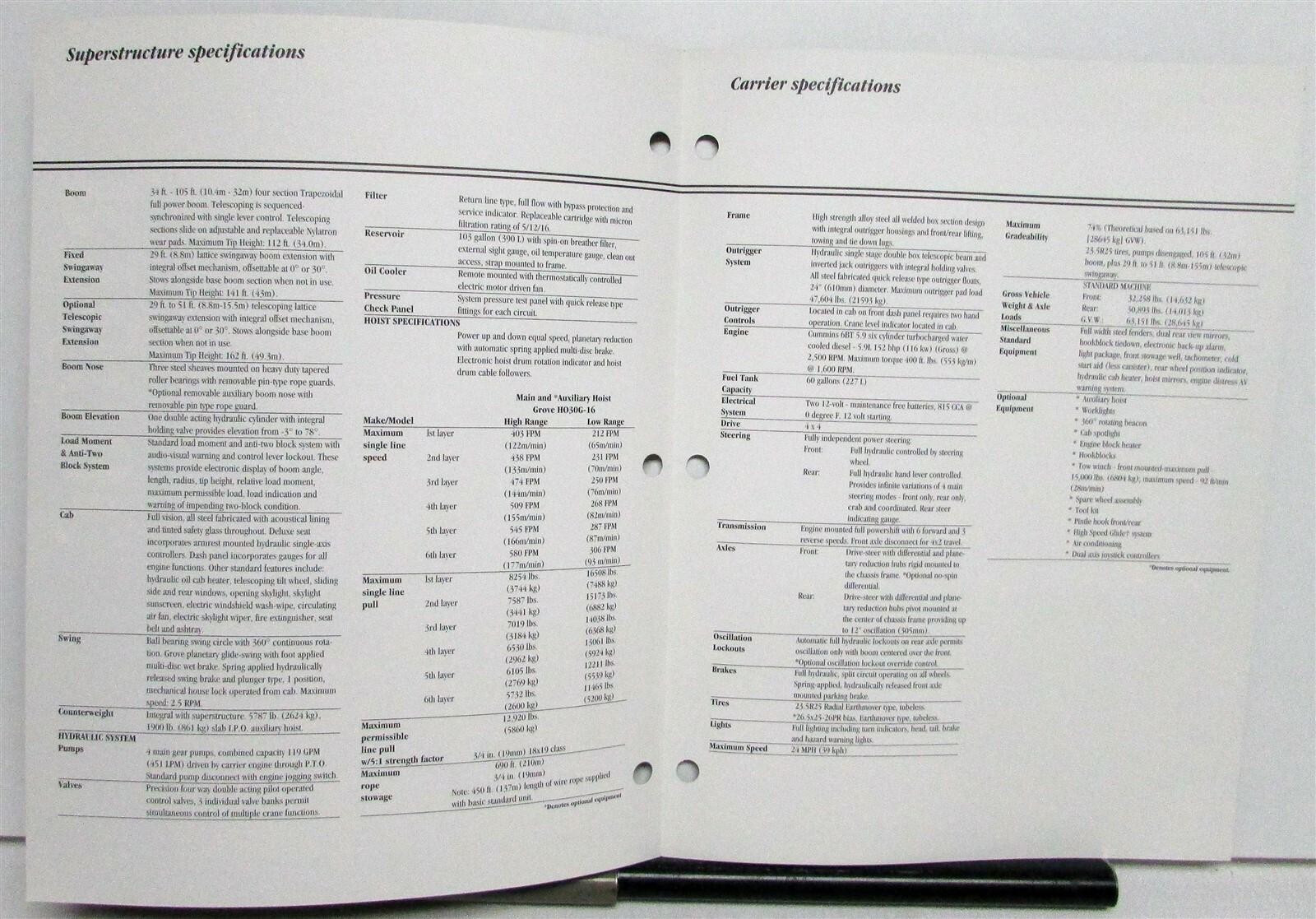 1993 Grove RT600C Cranes Specifications Construction Sales Brochure