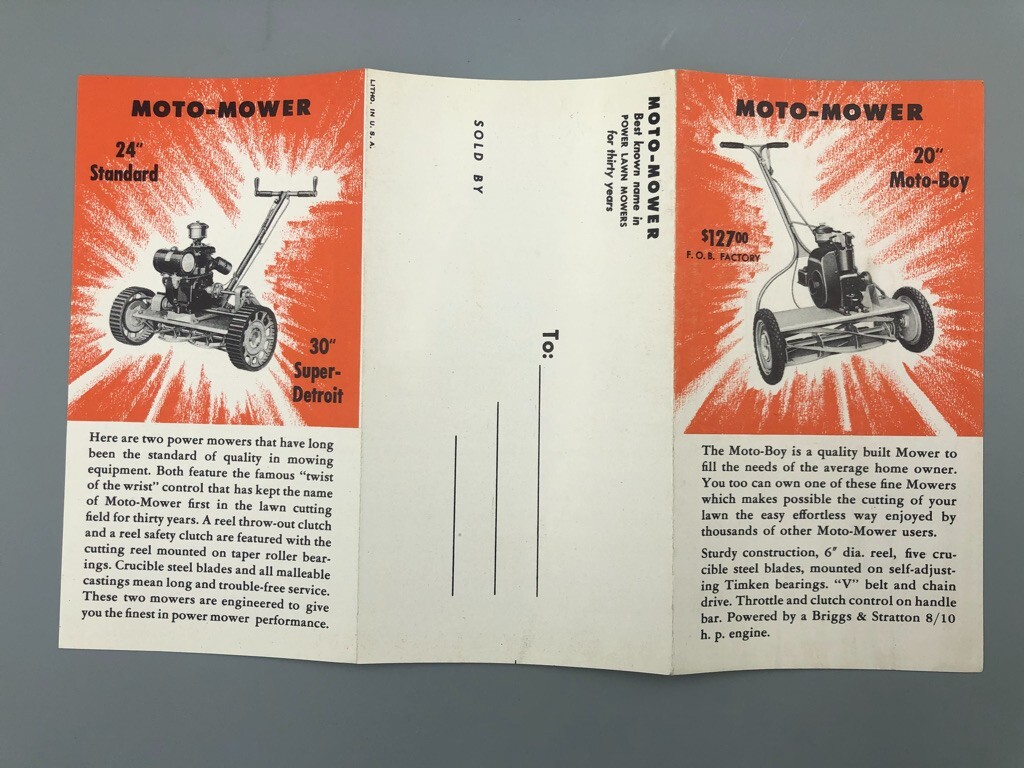1940s Reel LAWN MOTO- MOWER Vintage ADVERTISING Brochure Garden Tractor