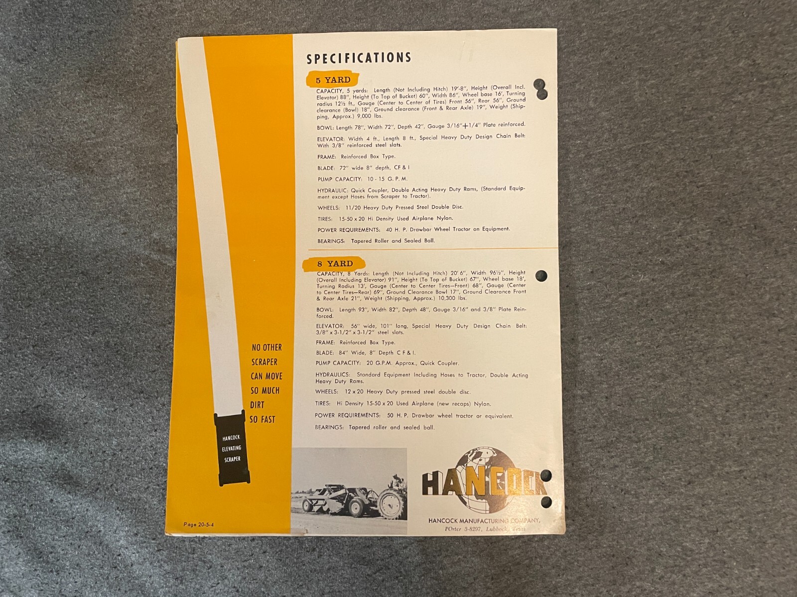 1950&rsquo;s Hancock Scrapers Brochure Spec Sheet 5 Yard 8 Yard 4 Pages Vintage