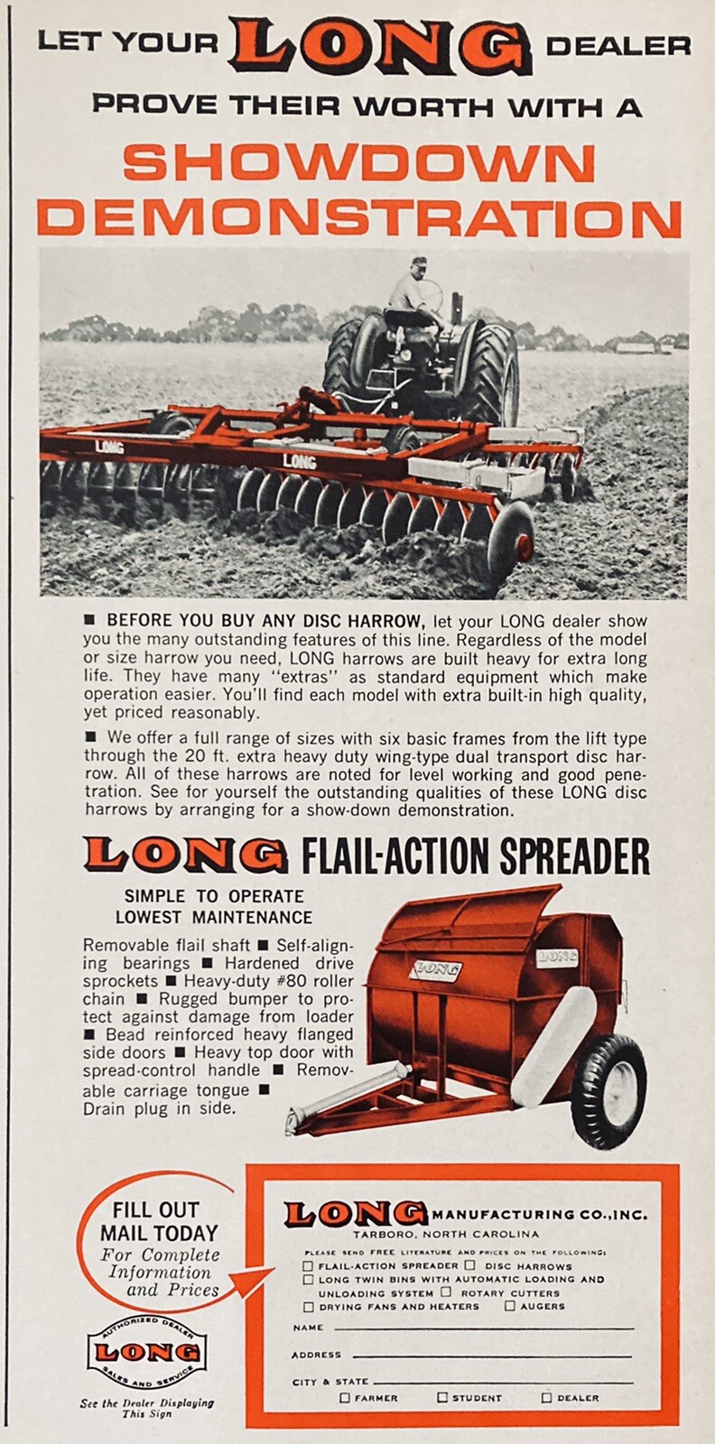 1965 AD.(XH27)~LONG MFG. CO. TARBORO, NC. LONG DISC HARROW AND SPREADER