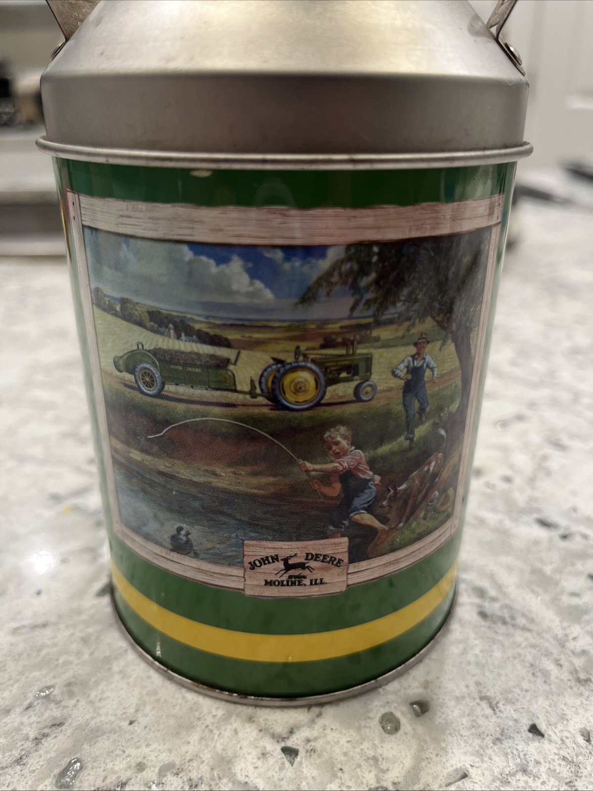John Deere Mini Tin, Milk Can Tin, Collector Farm Tractor Fishing Scene Decor