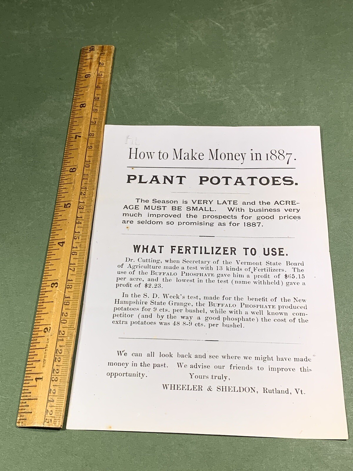 Wheeler & Sheldon Fertilizers Rutland Vermont 1887 Potato Farming Advertisement