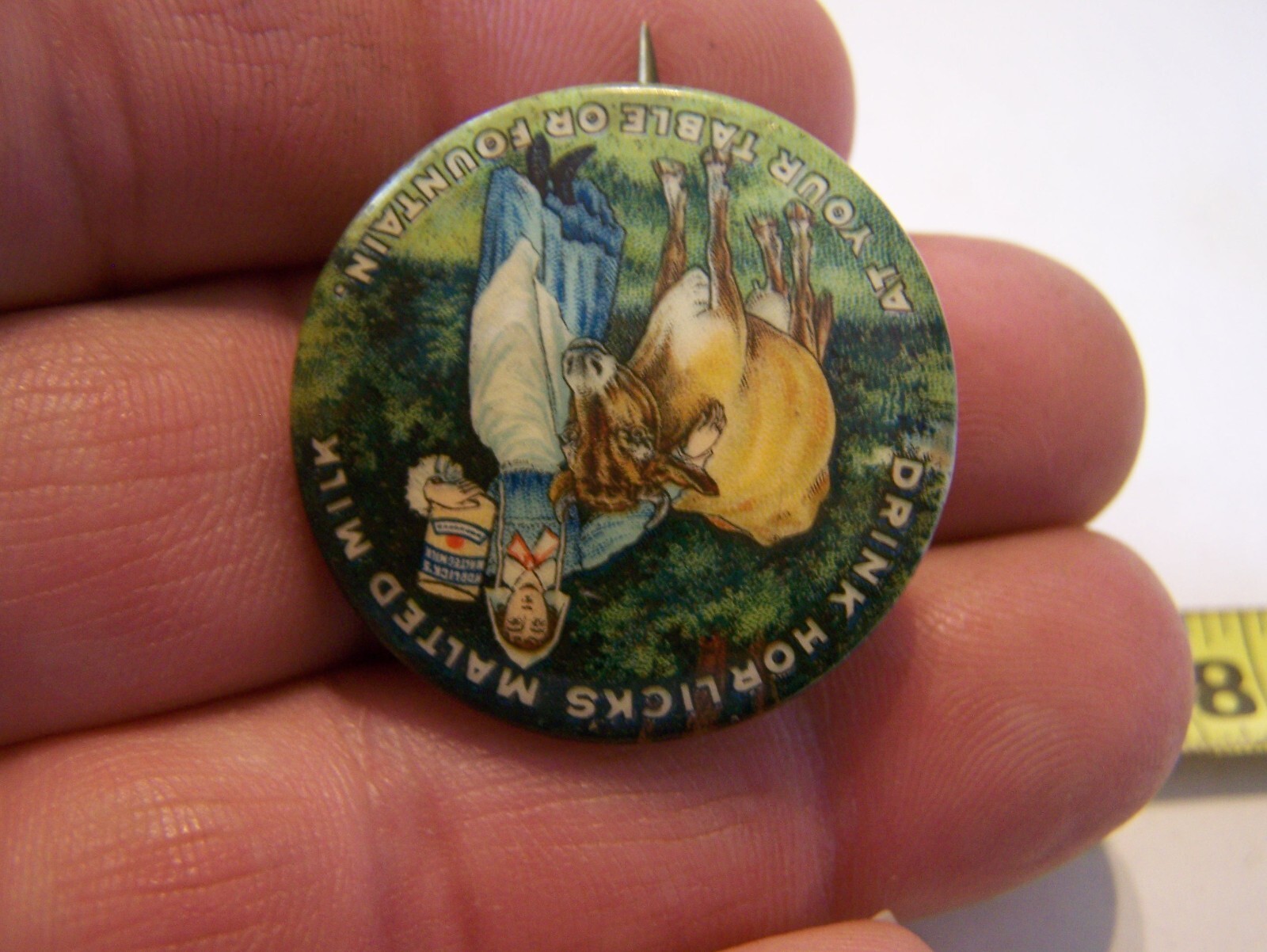 HORLICK&rsquo;S MALTED MILK Celluloid Pinback Farm Dairy Jersey Cow Whitehead Hoag