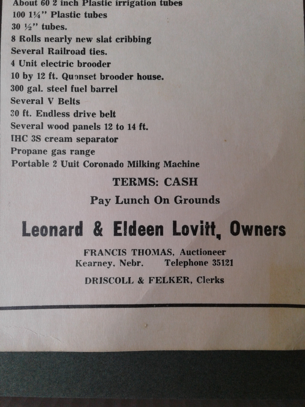 Miller Nebraska Advertising General Farm Sale bill from 1958.