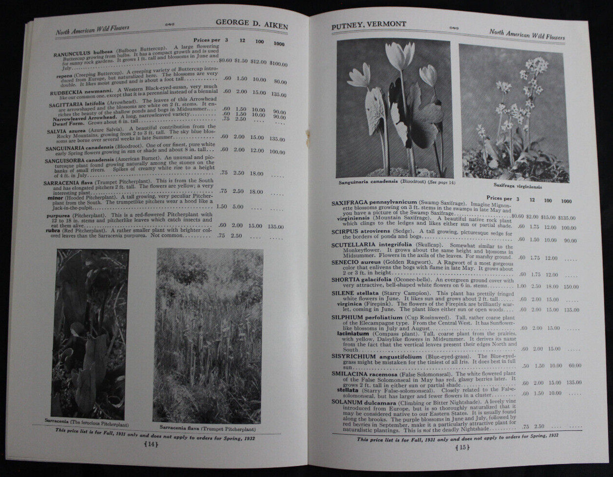 1931 NATIVE NORTH AMERICAN FERNS & WILD FLOWERS CATALOG, GEORGE AIKEN, PUTNEY VT