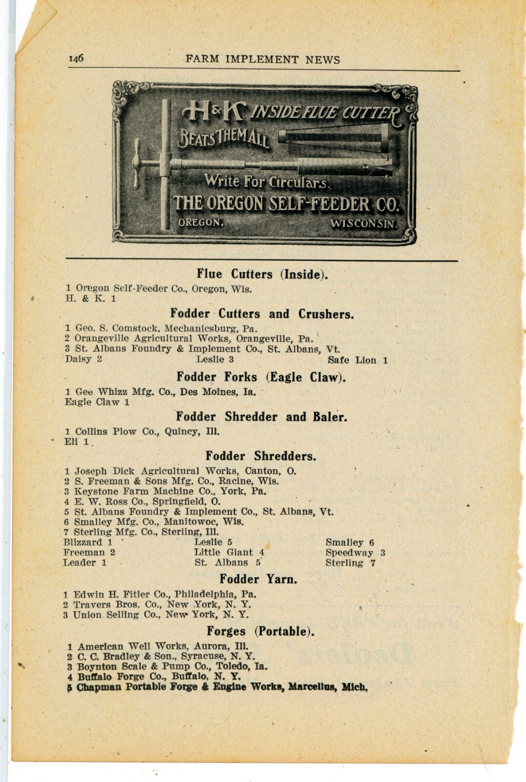1905 Oregon Self-Feeder Co. Ad: H & K Inside Flue Cutter – Oregon, Wisconsin