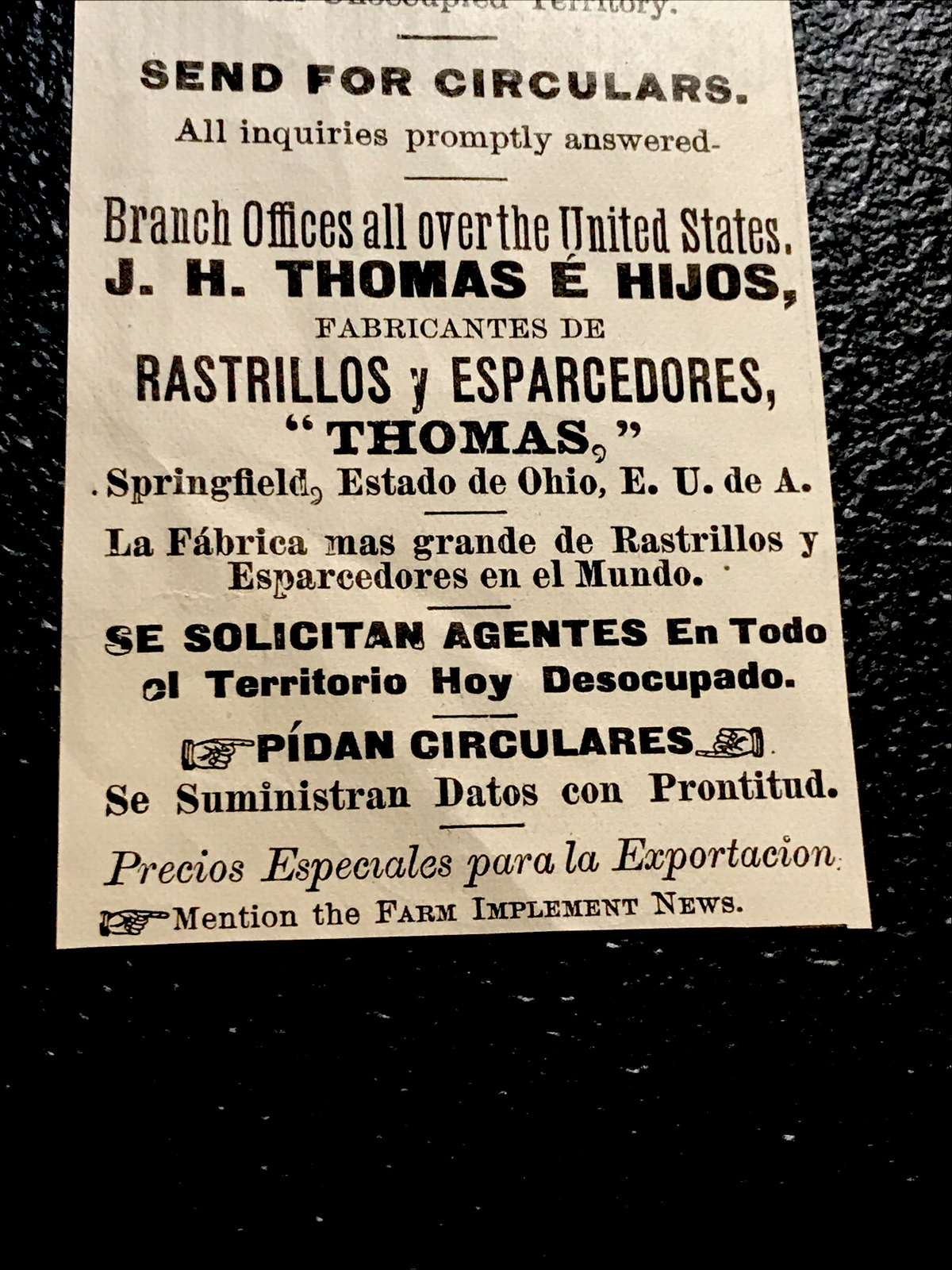 1886 J.H. Thomas & Sons Rakes Farm Engraving Advertising – Springfield – Ohio
