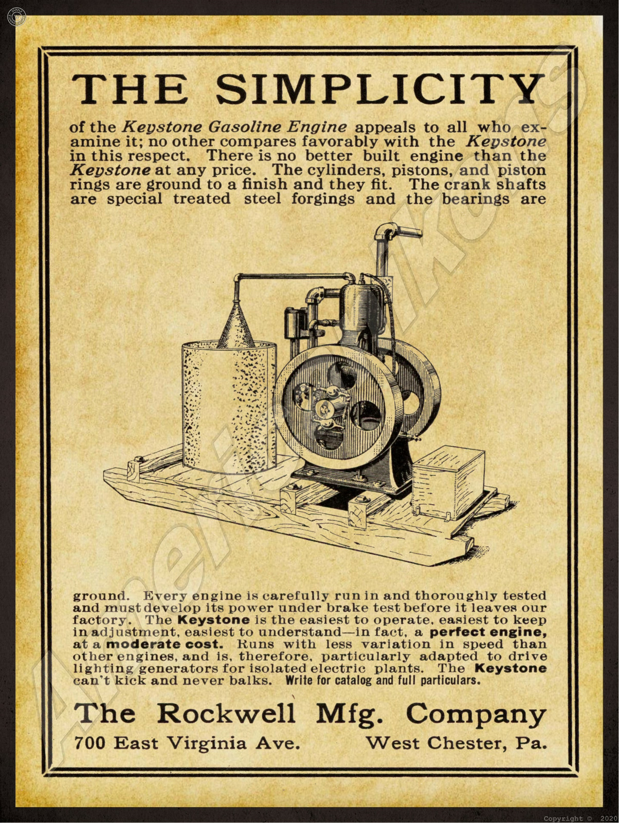 1912 Keystone Gas Engines New Metal Sign: Rockwell Mfg. Co., West Chester, PA