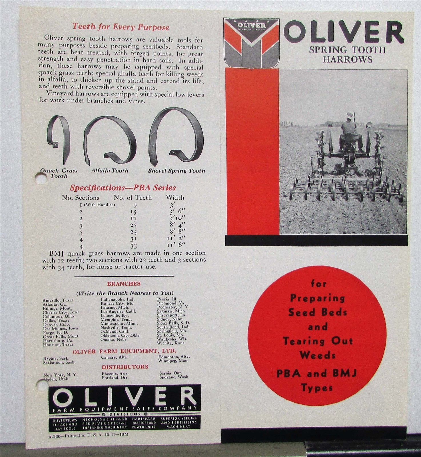 1942 Oliver Spring Tooth Specifications Agricultural Sales Folder