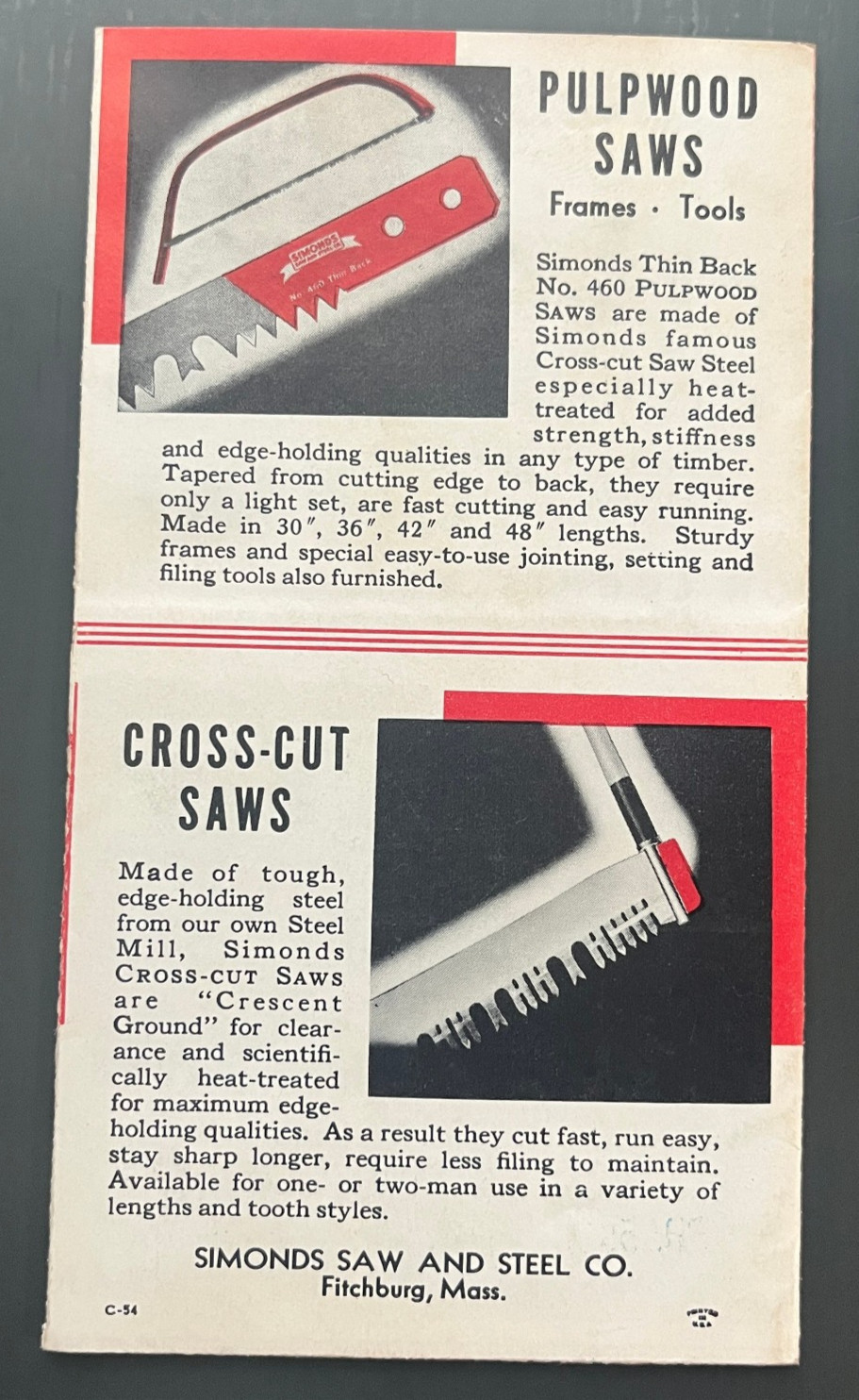 1954 SIMONDS SAW & STEEL CO. WOOD CUTTING SAWS PRODUCTS BROCHURE FITCHBURG MASS.