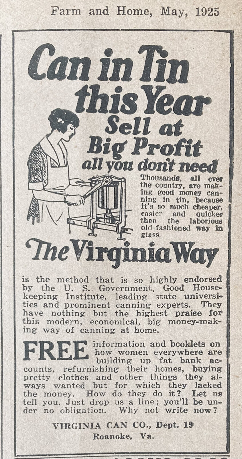 1925 AD.(XG23)~VIRGINIA CAN CO. ROANOKE, VA. THE VIRGINIA WAY HOME CANNING