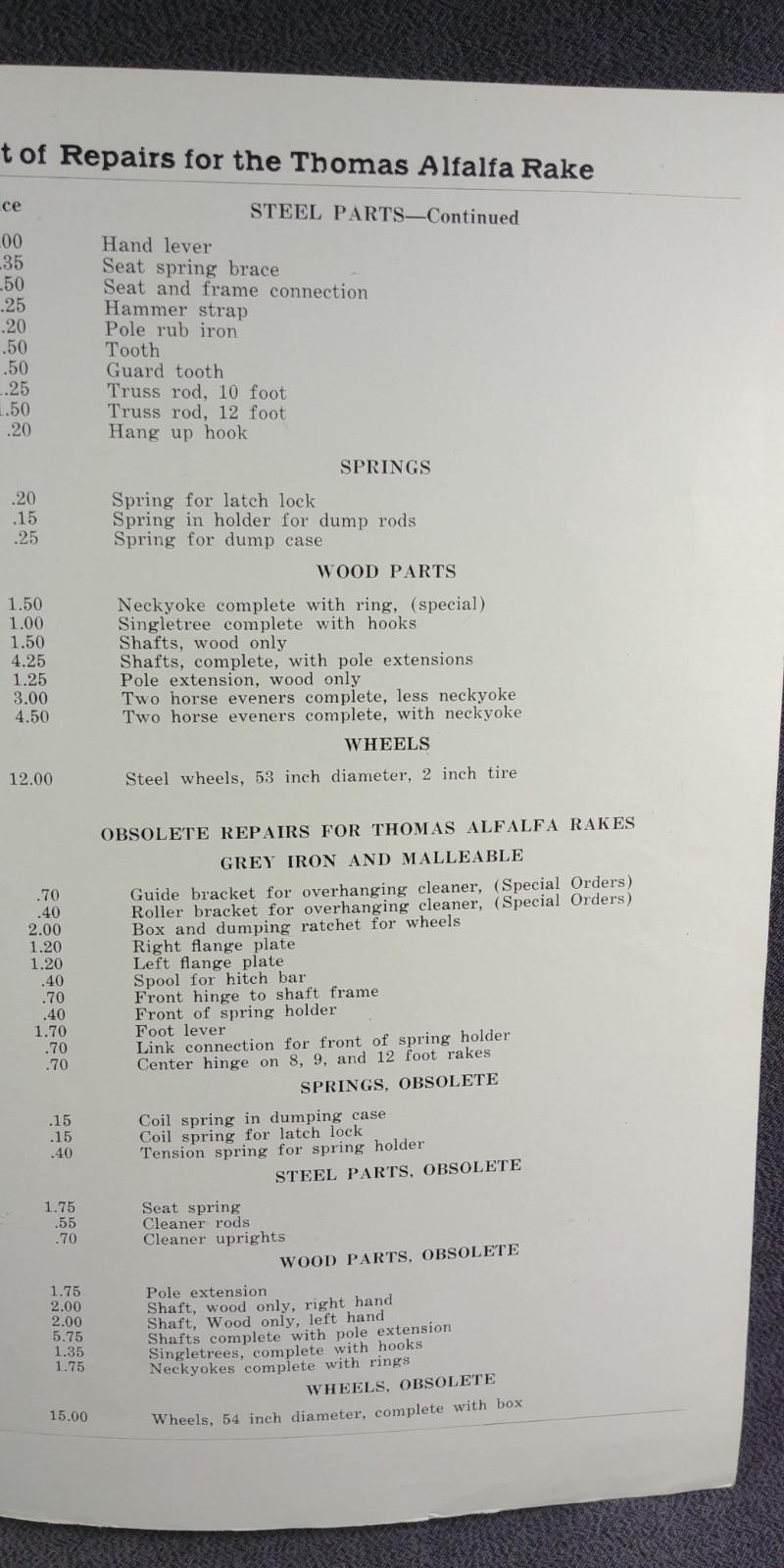 1910s Ohio Cultivator Co Thomas Alfalfa Rake Price List Repairs Brochure Antique