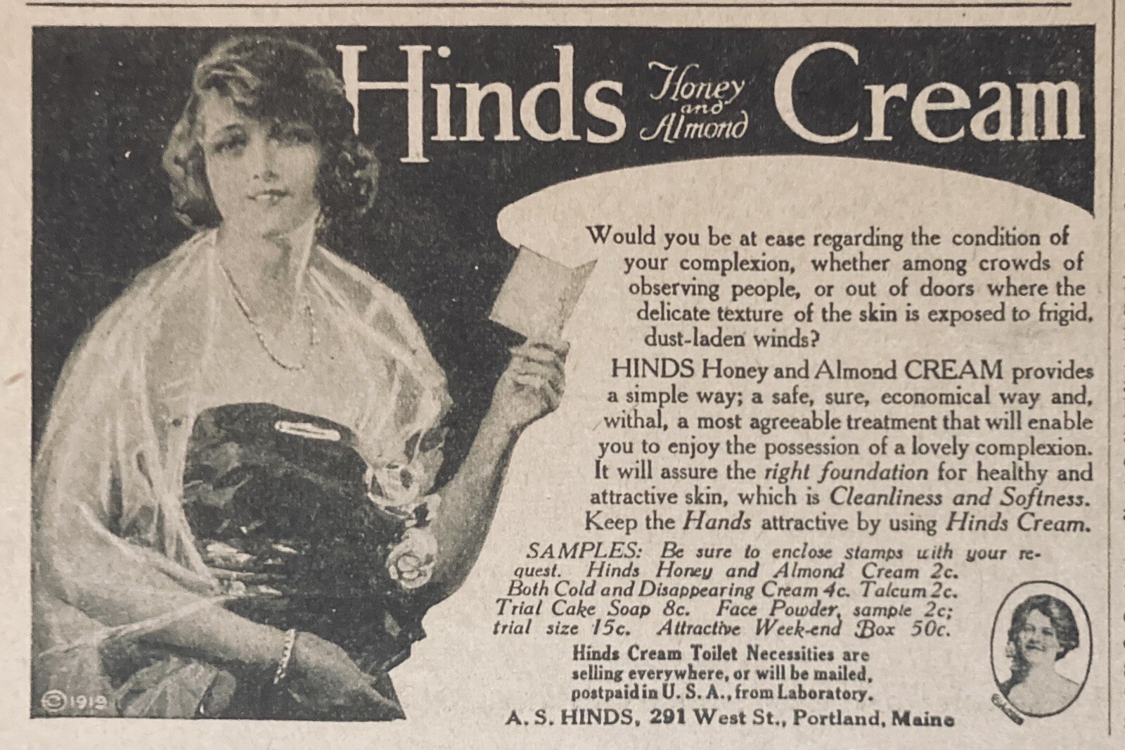 1920 AD.(XH15)~A.S. HINDS CO. PORTLAND, ME. HINDS HONEY & ALMOND CREAM