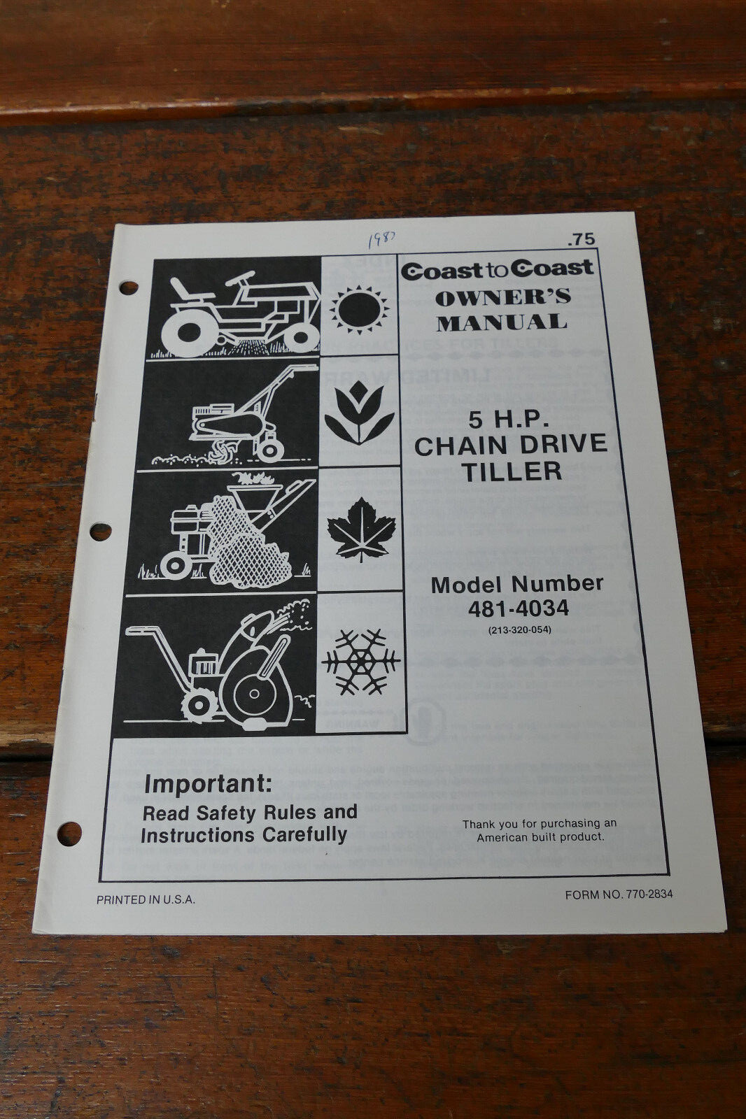 1983 Coast to Coast Owner&rsquo;s Manual 5 HP Chain Drive Garden Tiller Model 481-4034