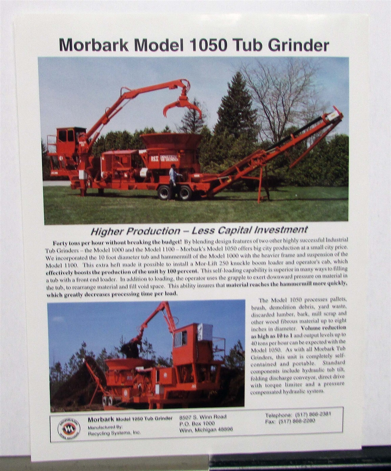 1990s Morbark 1050 Tub Grinder Specifications Construction Sales Brochure