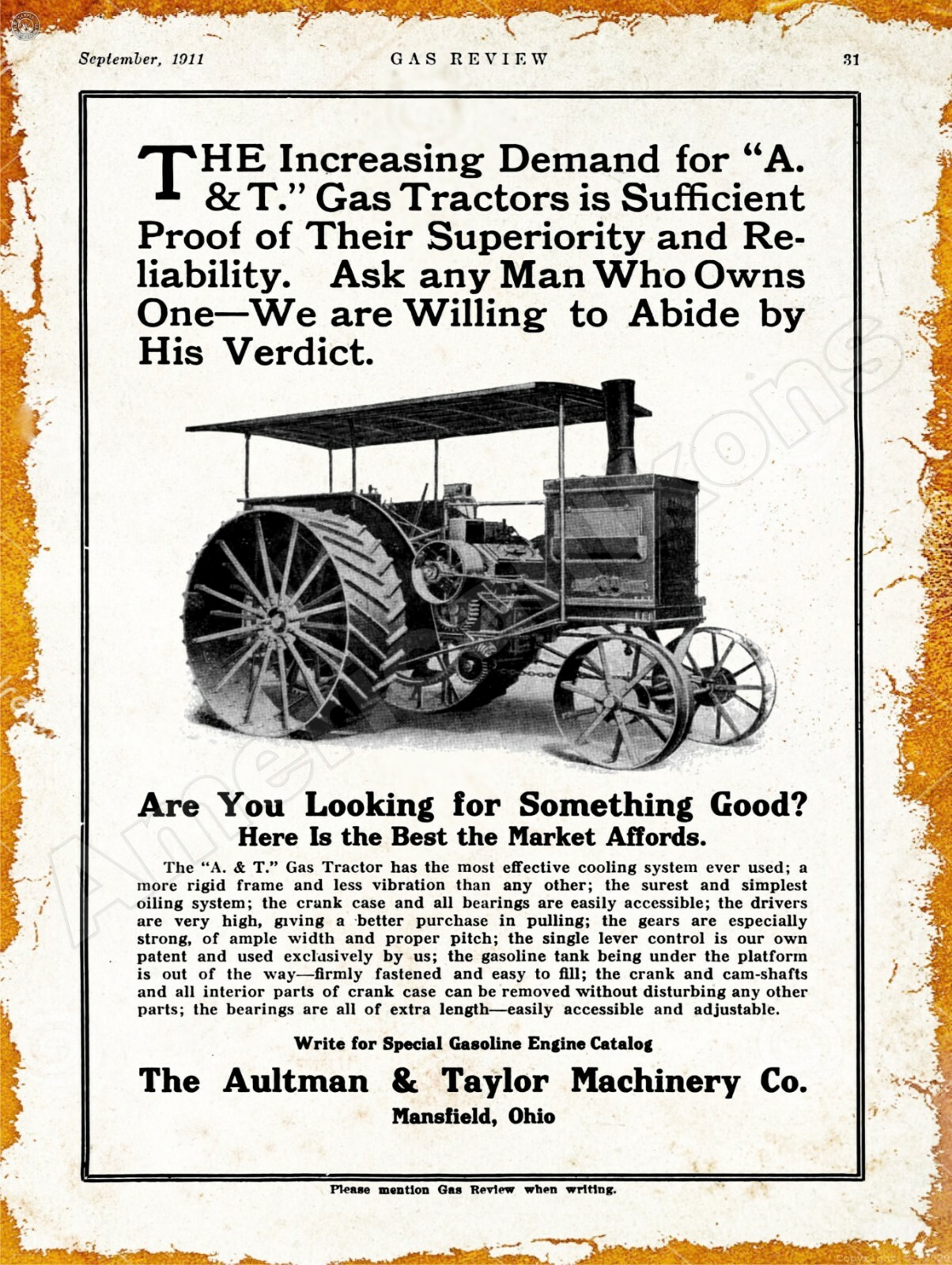 1911 Aultman & Taylor Gas Tractor New Metal Sign: Mansfield, Ohio