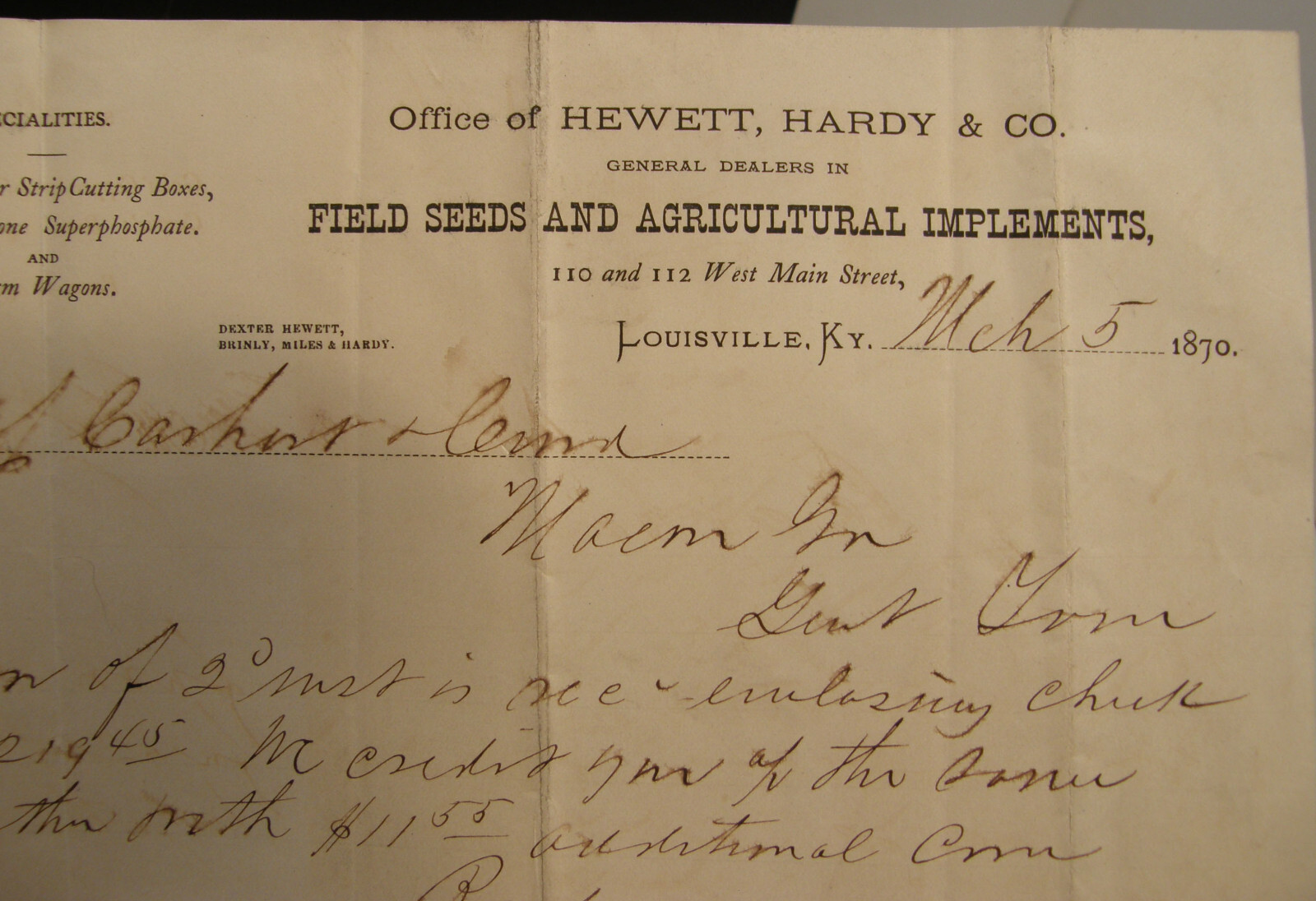 ANTIQUE LETTERHEAD HEWETT HARDY CO SEEDS & AGRICULTURAL IMPLEMENTS LOUISVILLE KY