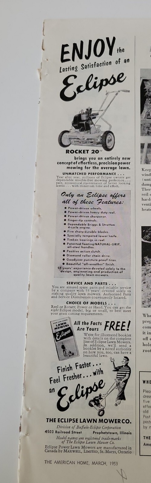 1953 Eclipse lawn mower rocket 20 model vintage ad