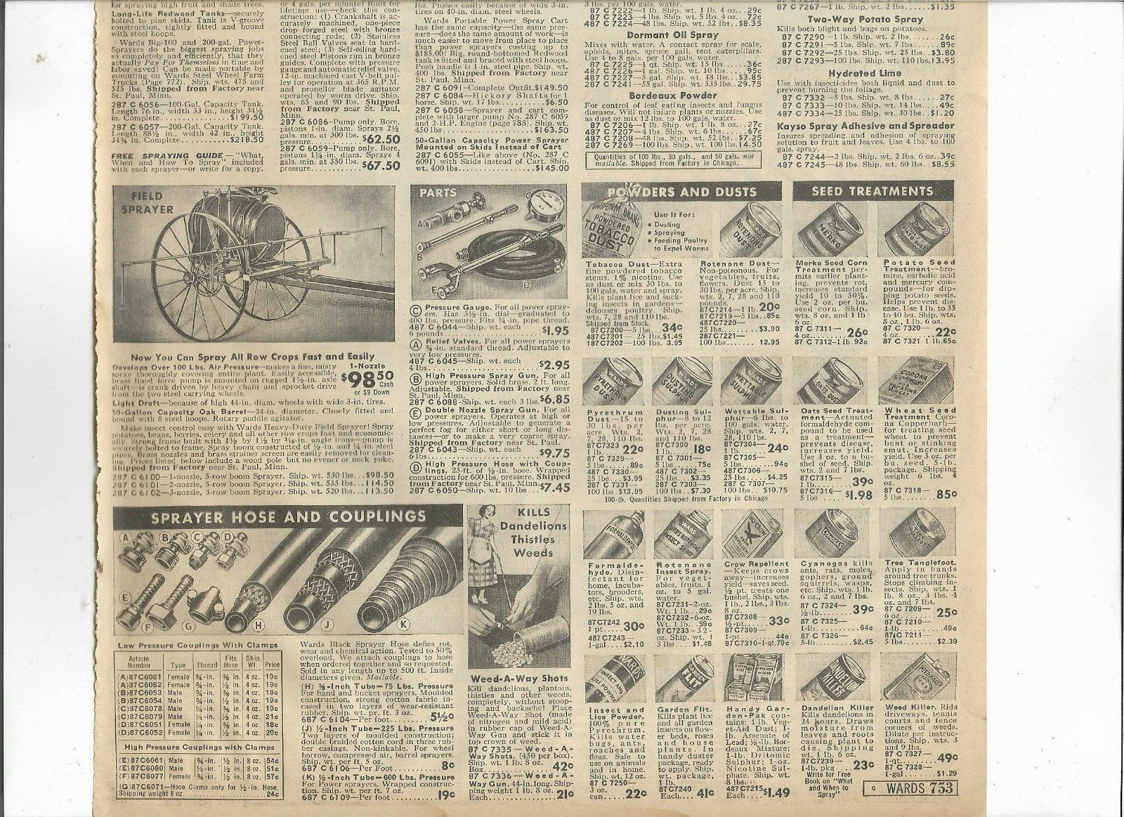 1938 Wards Catalog Ad Page Garden Tractor Cultivator Power Sprayer Tool Carriage