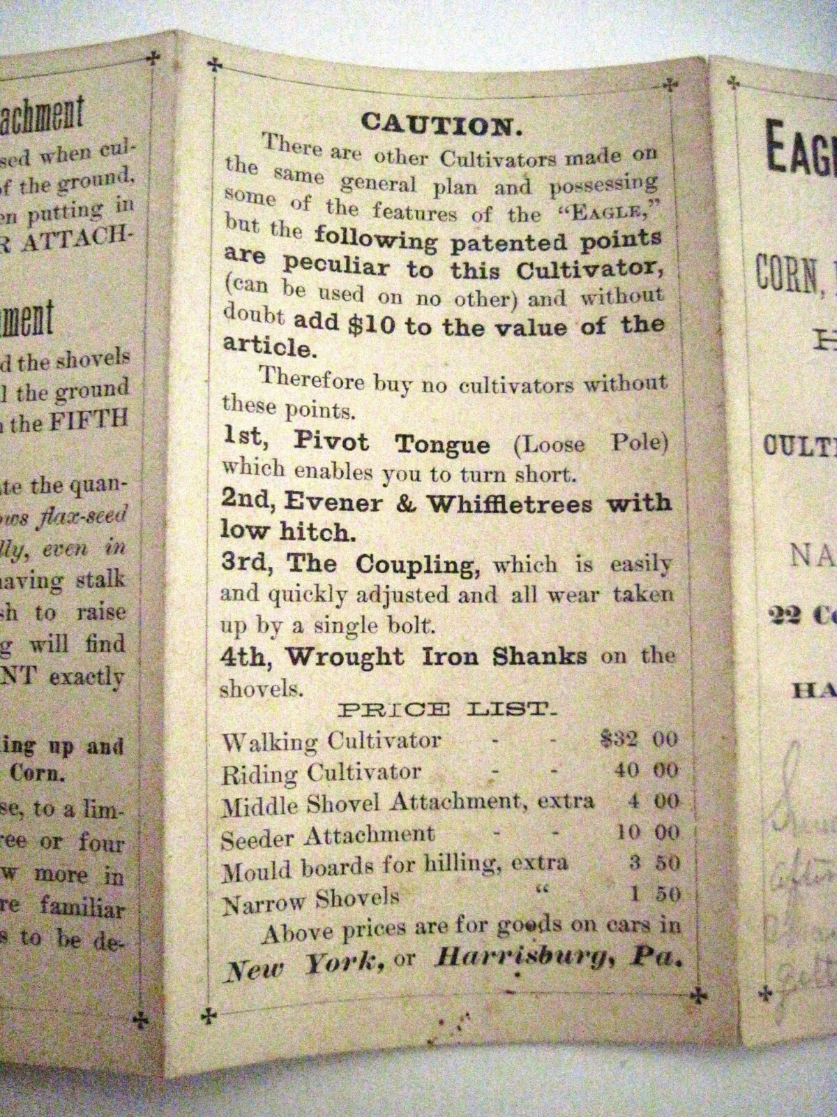 1880 Pull-Out Advertising Brochure for « Eagle Cultivator » w/ Great Pictures *