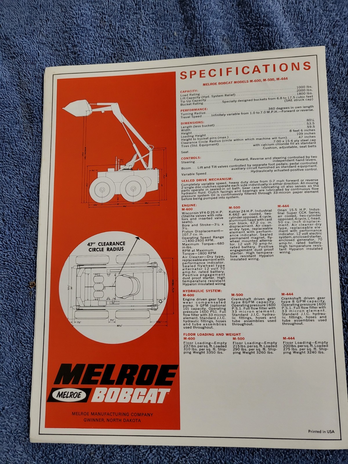 BROCHURE Vintage Melroe Bobcat M44 500 600 Skid Steer Loader Onan Kohler Wi 1966