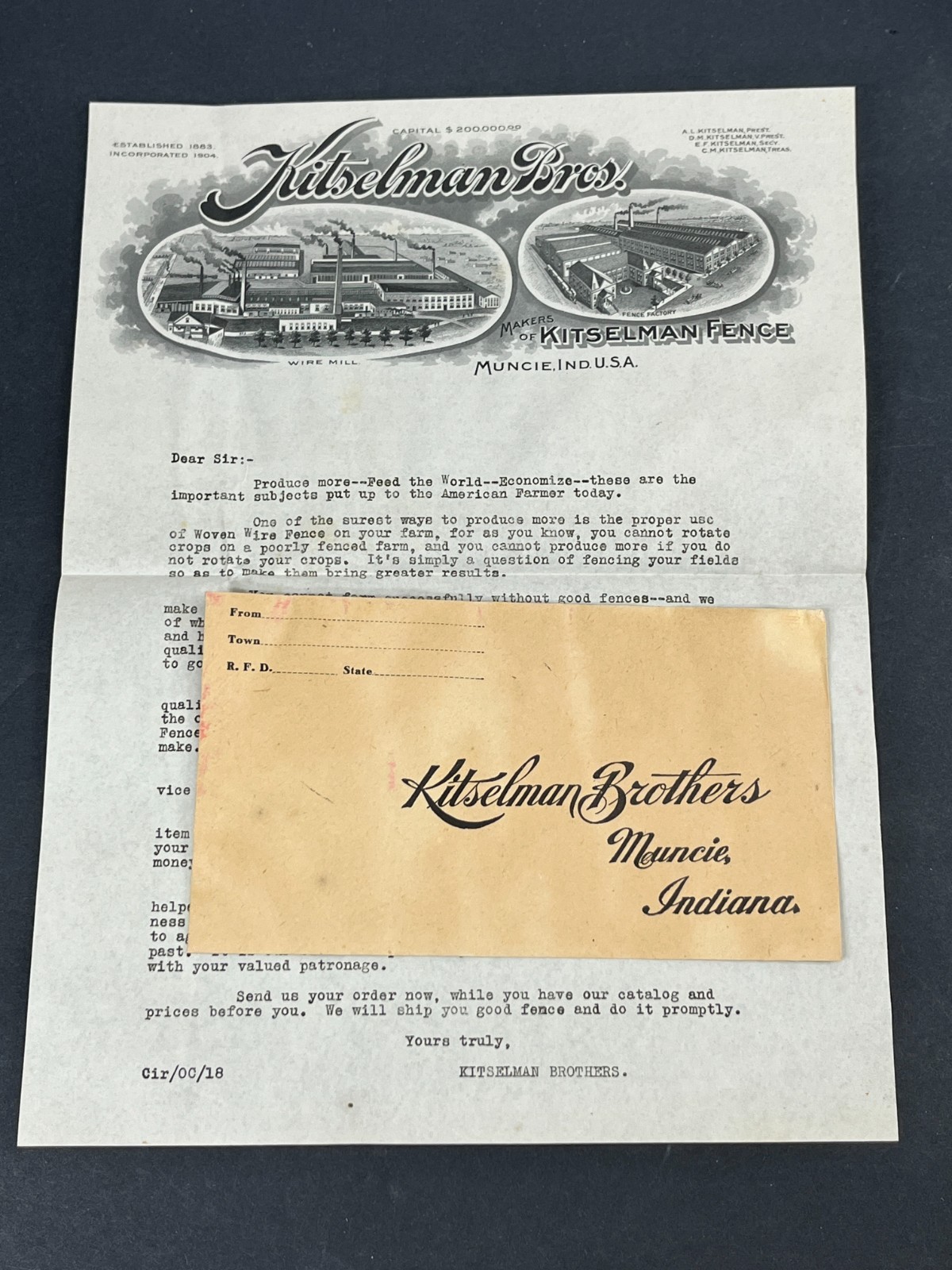 1918 Kitselman Brothers Fence Wire Mill Muncie Indiana IN Letterhead Letter +