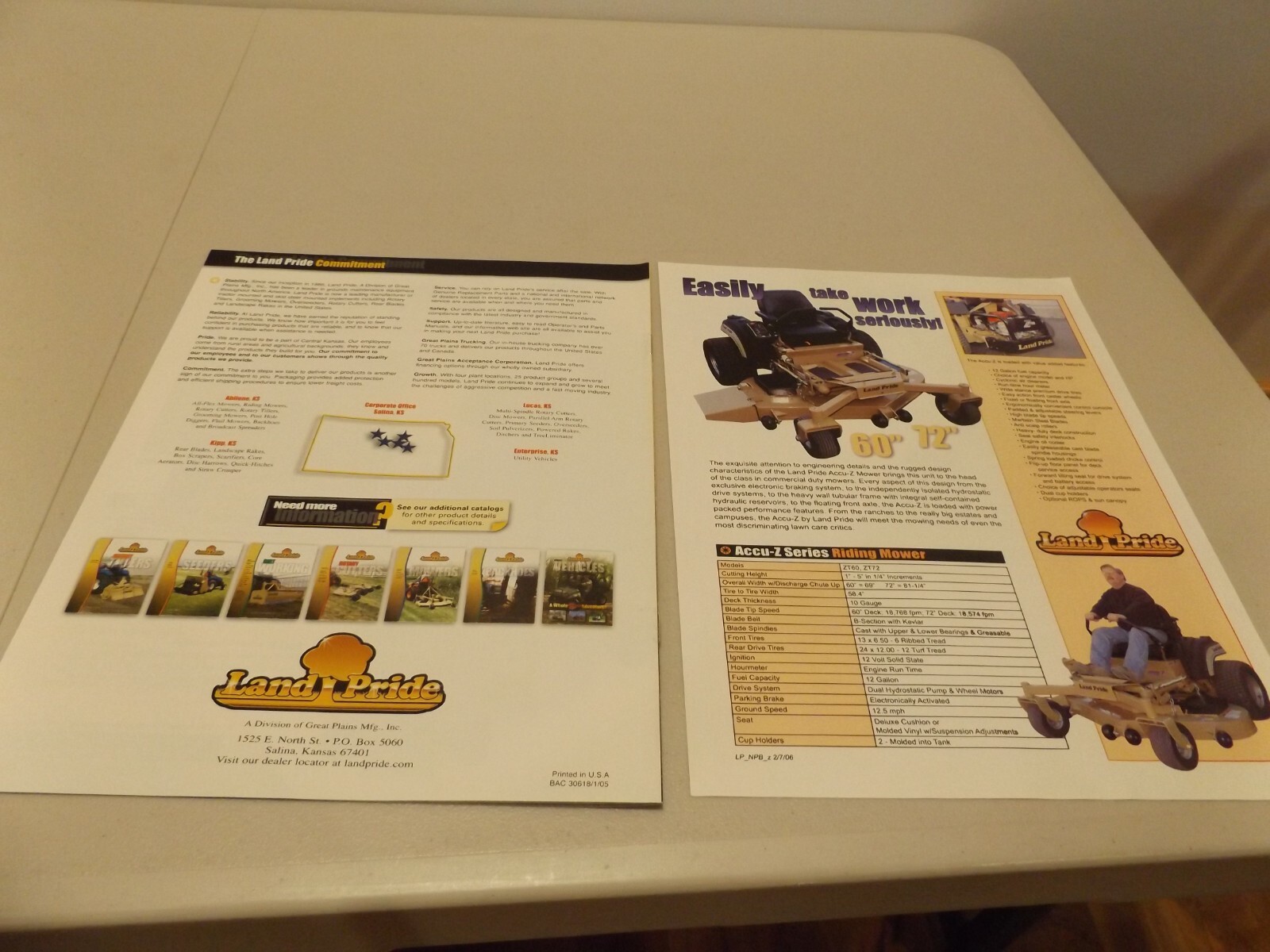 2-pc. LAND PRIDE RIDING MOWERS Accu-Z, Accu-Z RAZOR, LIT # BAC 30618 1/05