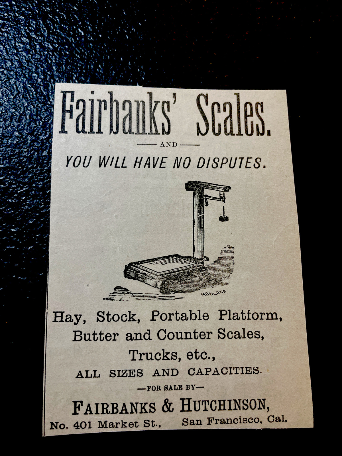 1883 Fairbanks & Hutchinson Scales Farm Advertising Engraving – San Francisco