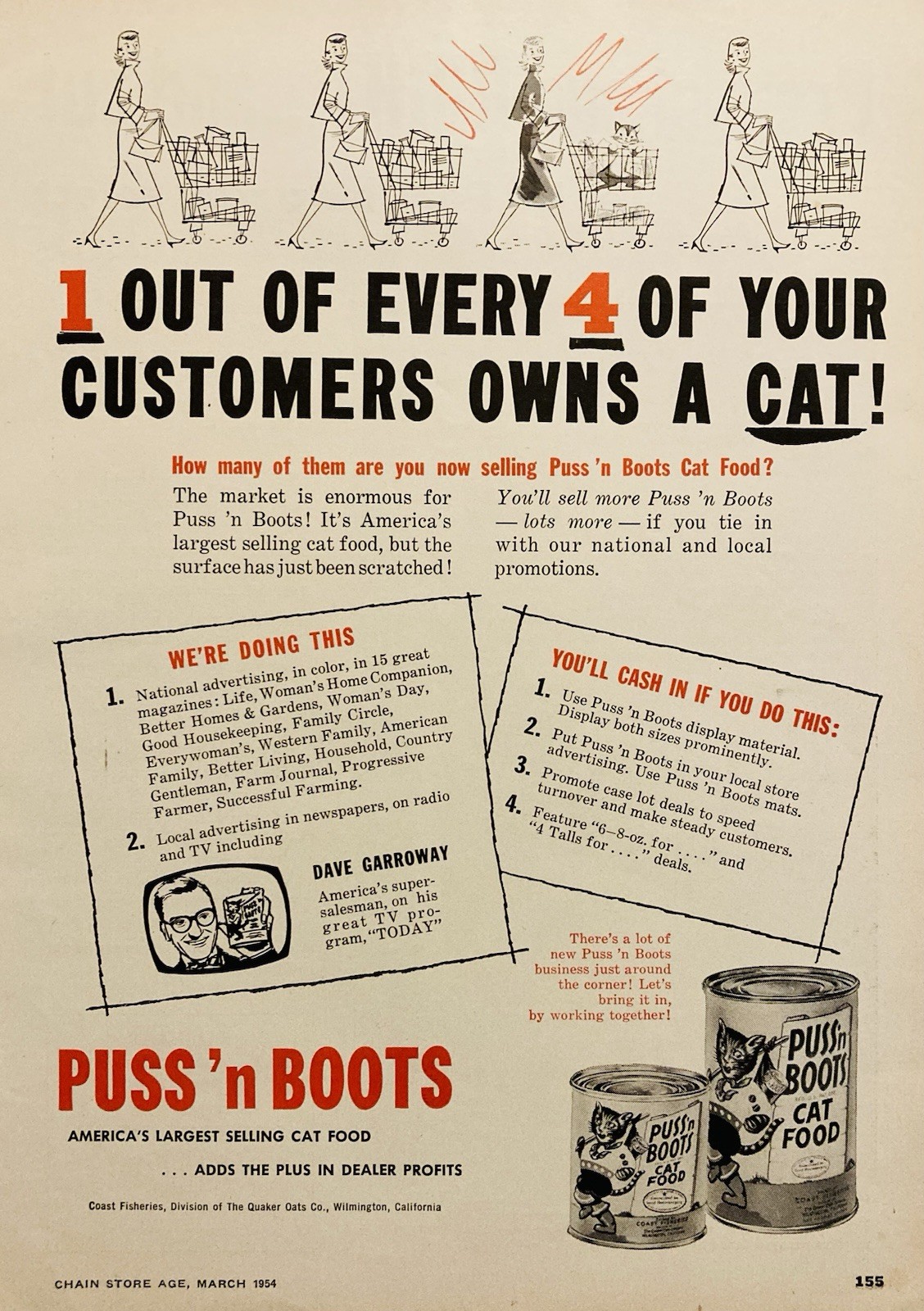 1954 AD.(XH83)~COAST FISHERIES, PUSS’ N BOOTS CAT FOOD ADVERTISING CAMPAIGN