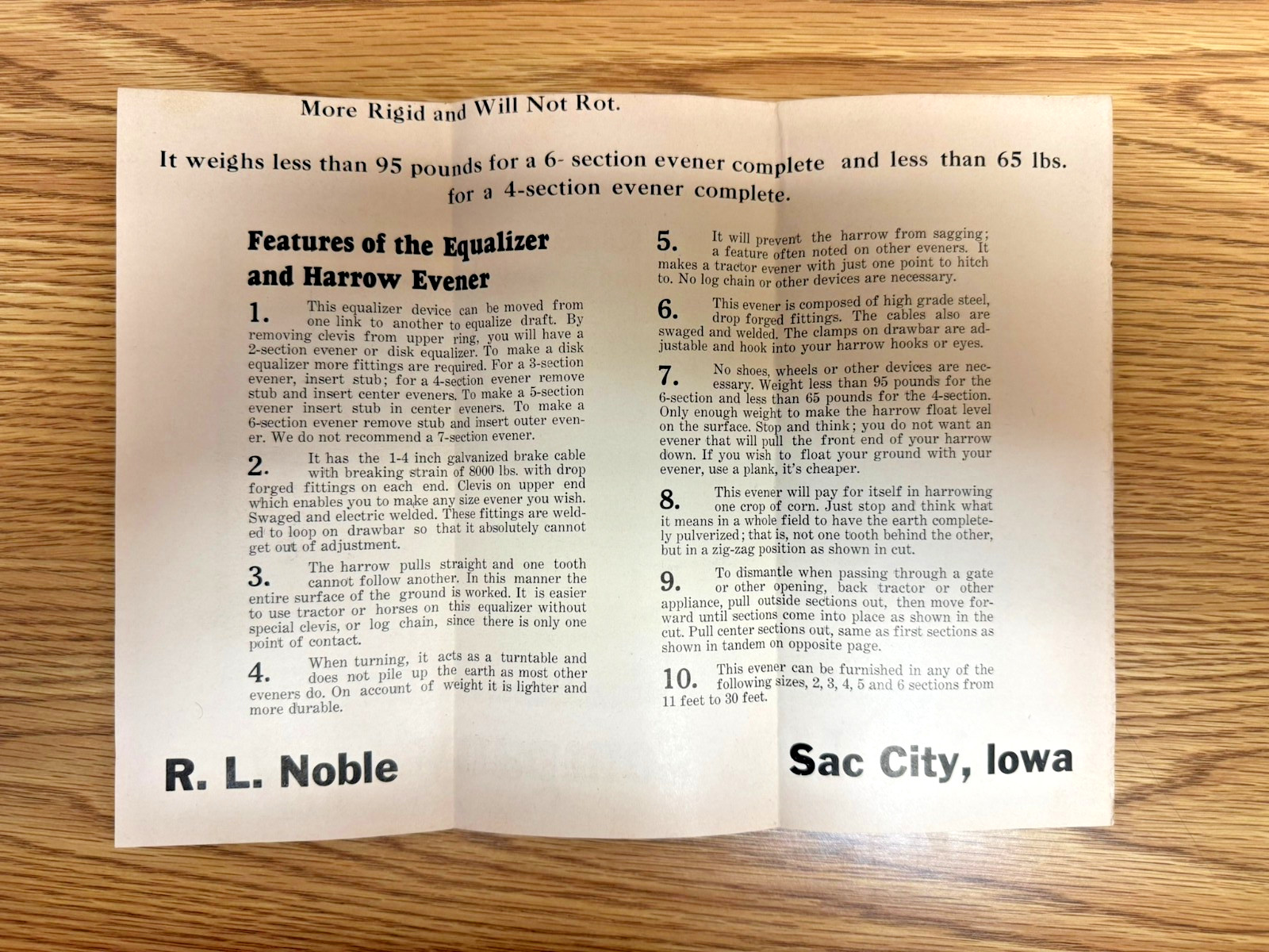 BROCHURE NOBLE HARROW EVENER NOBEL MFG. SAC CITY IOWA