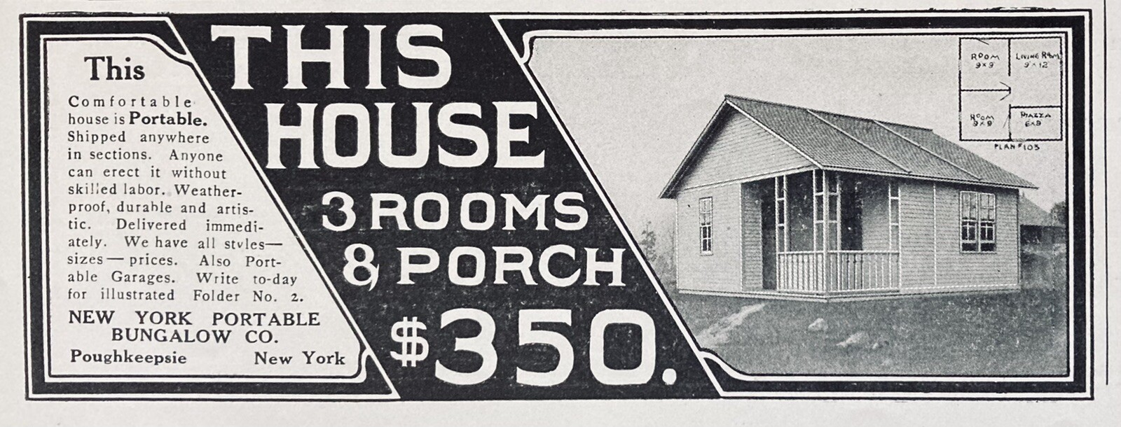 1910 AD.(XH49)~NEW YORK PORTABLE BUNGALOW CO. POUGHKEEPSIE, NY. PORTABLE HOMES