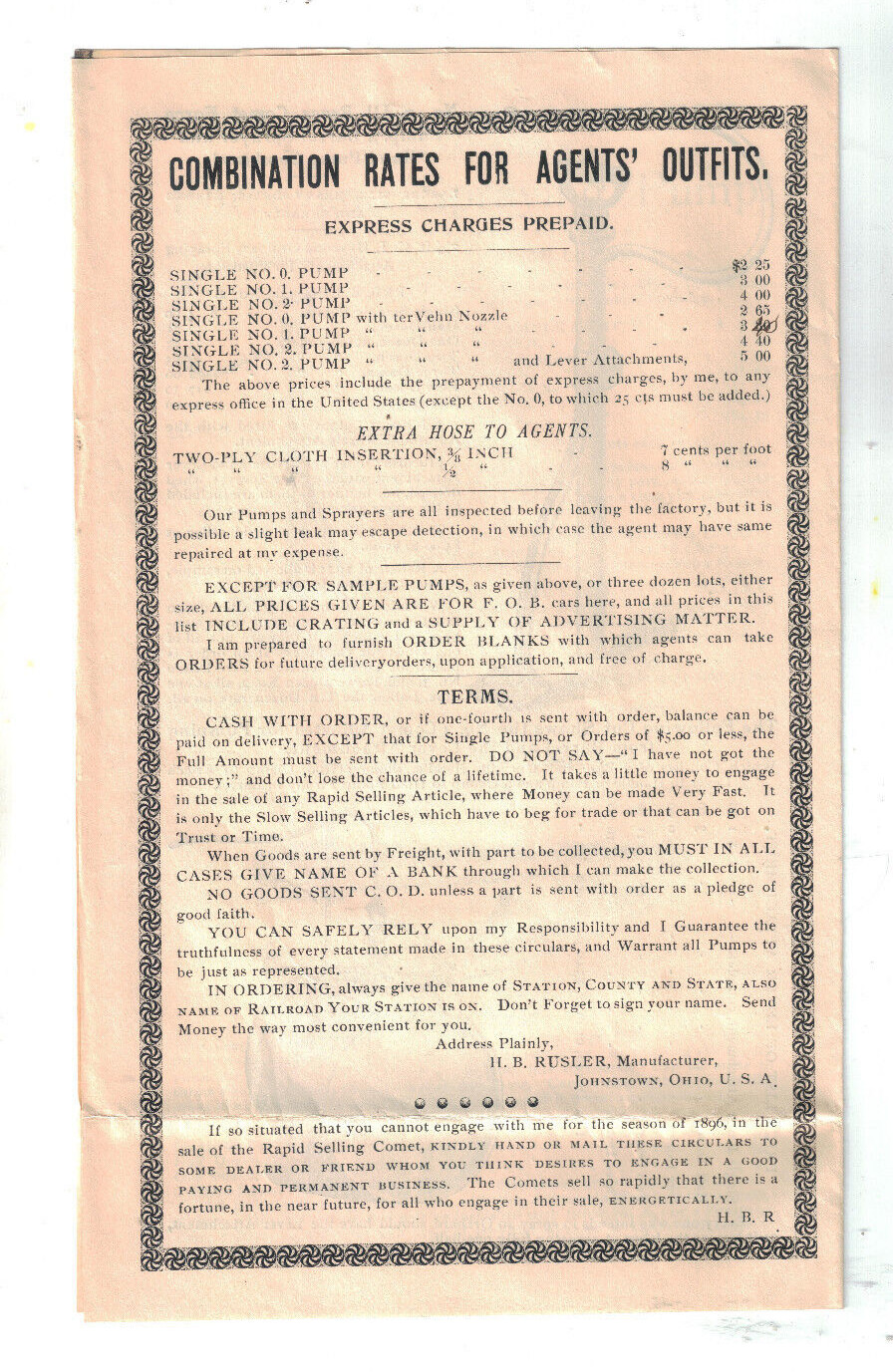 1896 Comet Lawn &Garden Force Pump Recruiting Letter Packet Price List Catalogue