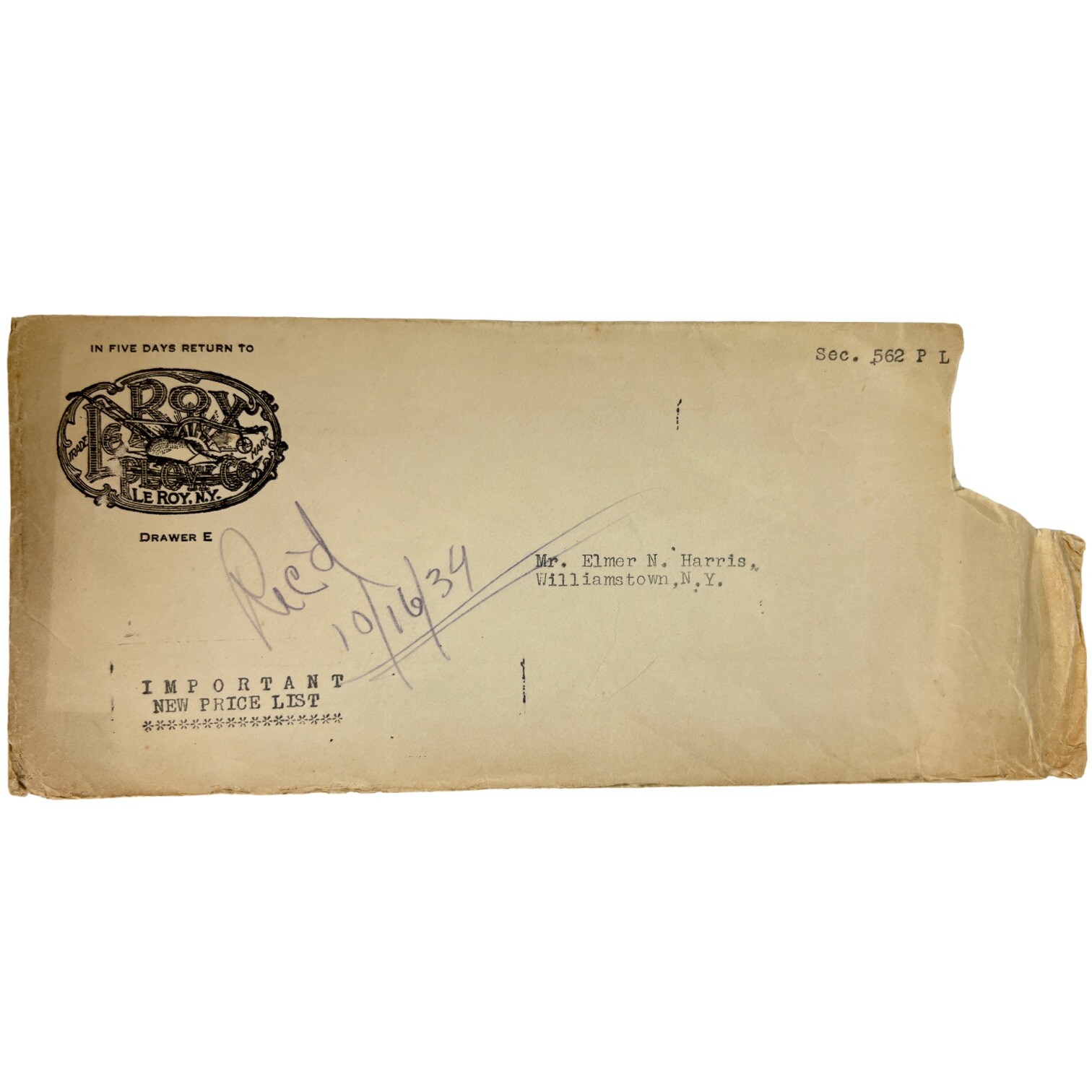 Le Roy Plow Co NY Advertising Cover Envelope POTATO PLANTER