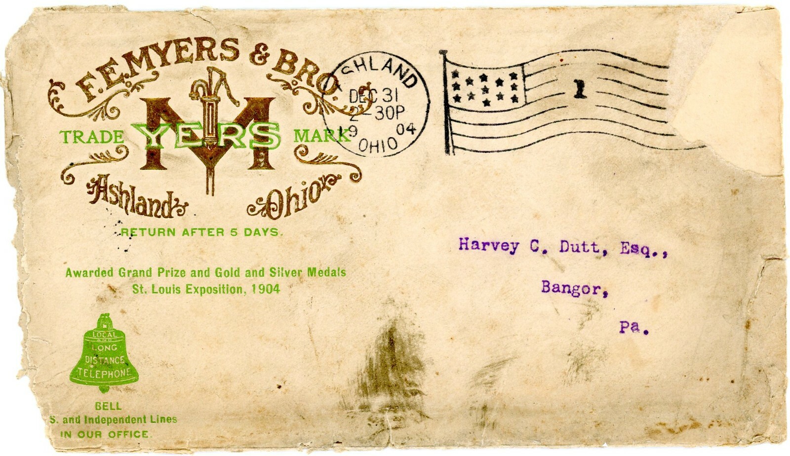 1904 Embossed Envelope – F.E. Myers & Bros. Ashland Ohio