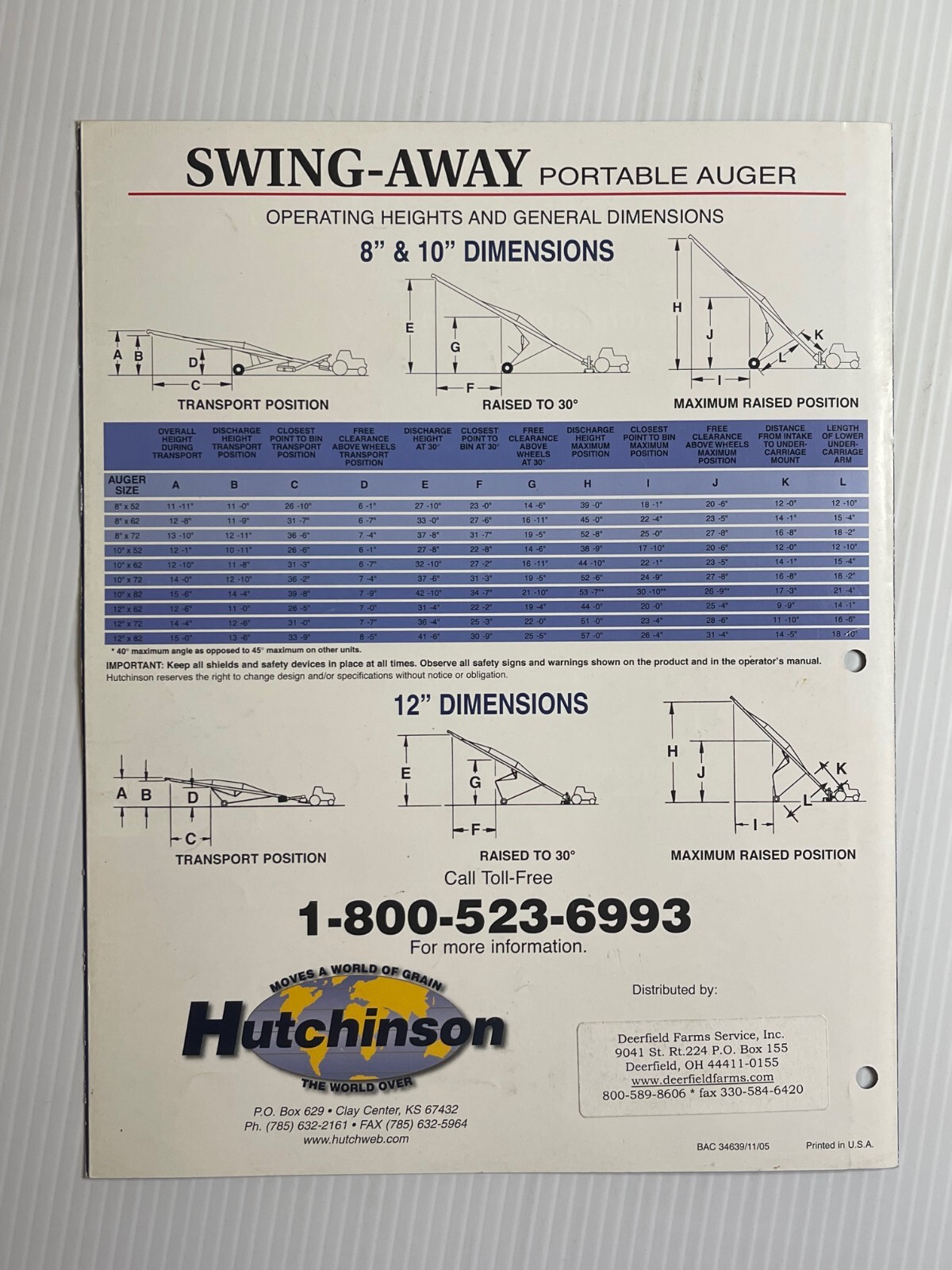 Hutchinson Swing-Away Grain Auger Sales Brochure 2005 (Showroom Sales Book)