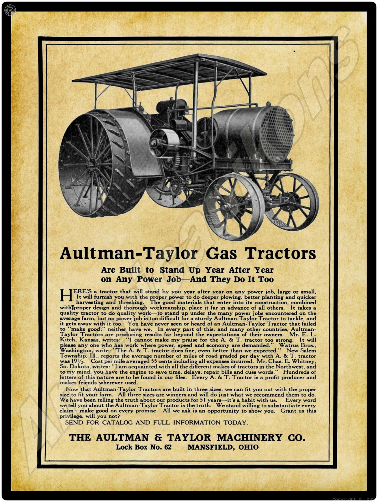 1916 Aultman-Taylor Gas Tractors New Metal Sign: Mansfield, Ohio