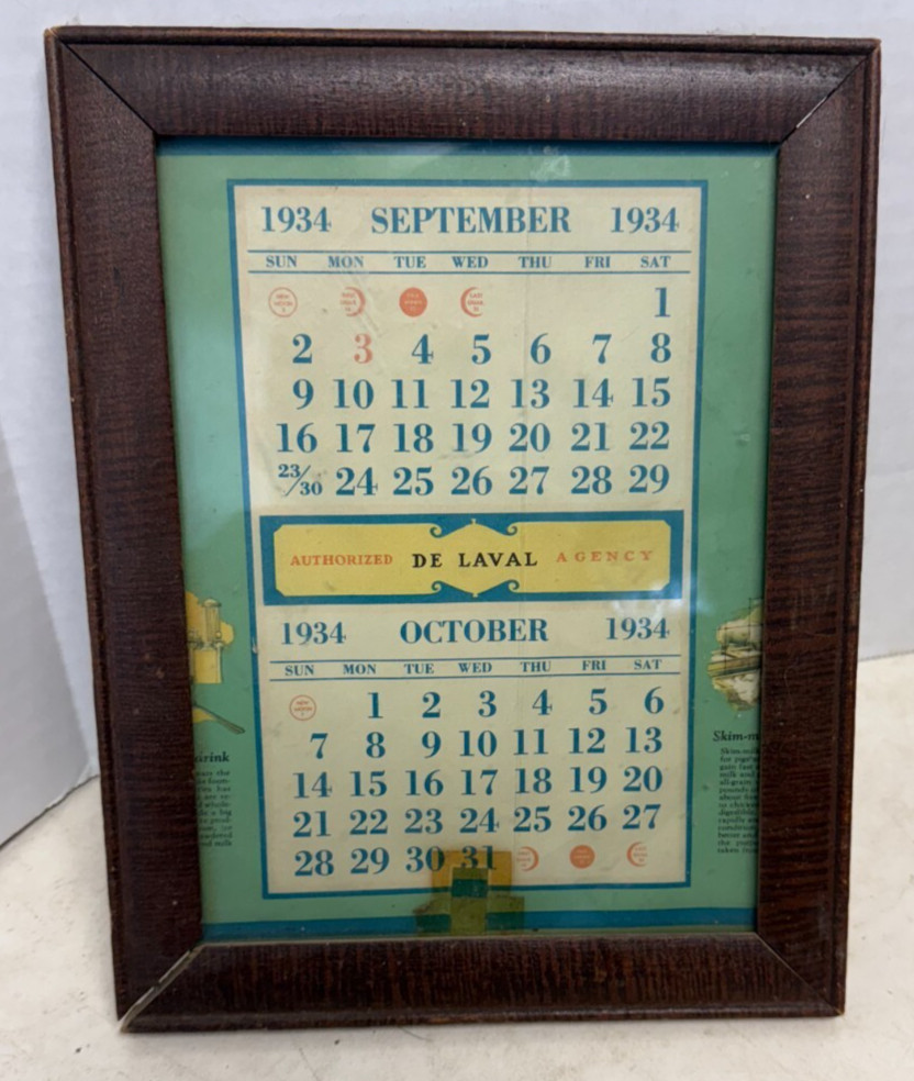 1934 De Laval Milking Equipment Authorized Dealer 2 Month Calender in Frame