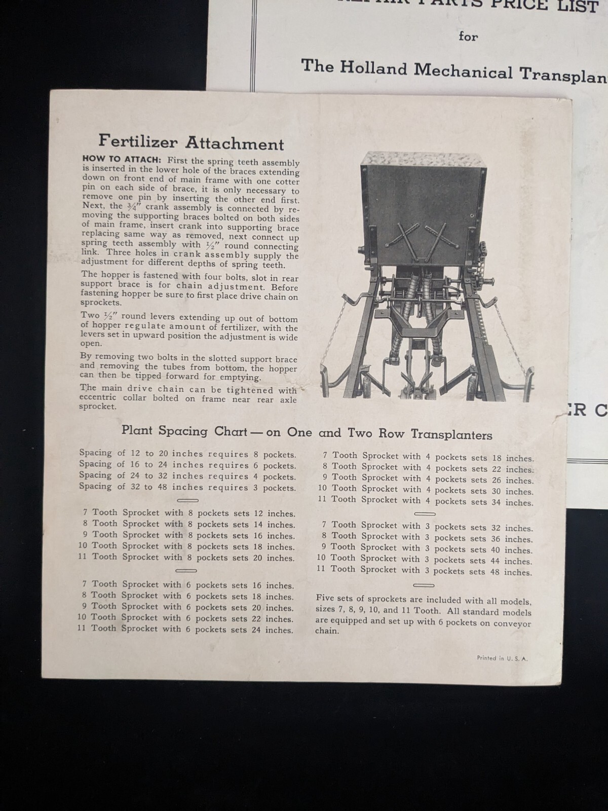 Original 1938 HOLLAND Mechanical Transplanter Operating Instructions Michigan