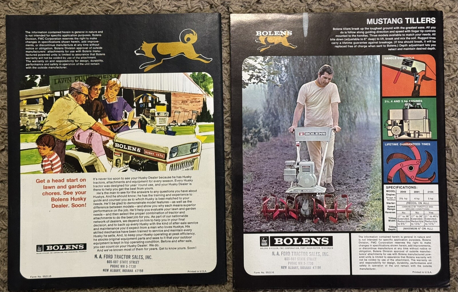 2 Vintage Bolens Husky Big Tractor Original Brochures 1970’s Mowers Tillers