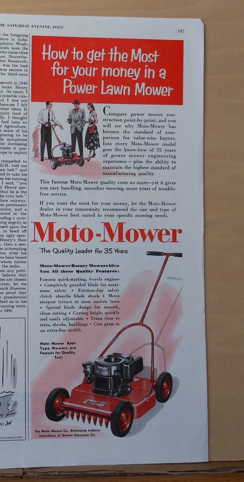 1954 magazine ad for Moto-Mower lawn mowers – Quality Leader for 35 Years