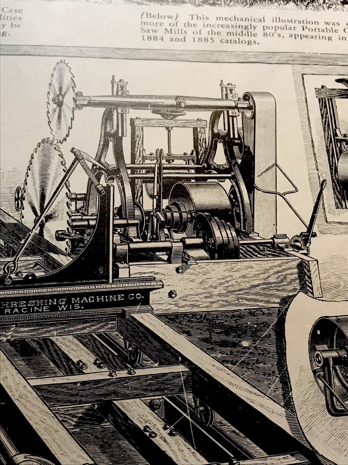 1882 J.I. Case Saw Mill & 1884 Portable Case Saw Mill Engraving Advertising