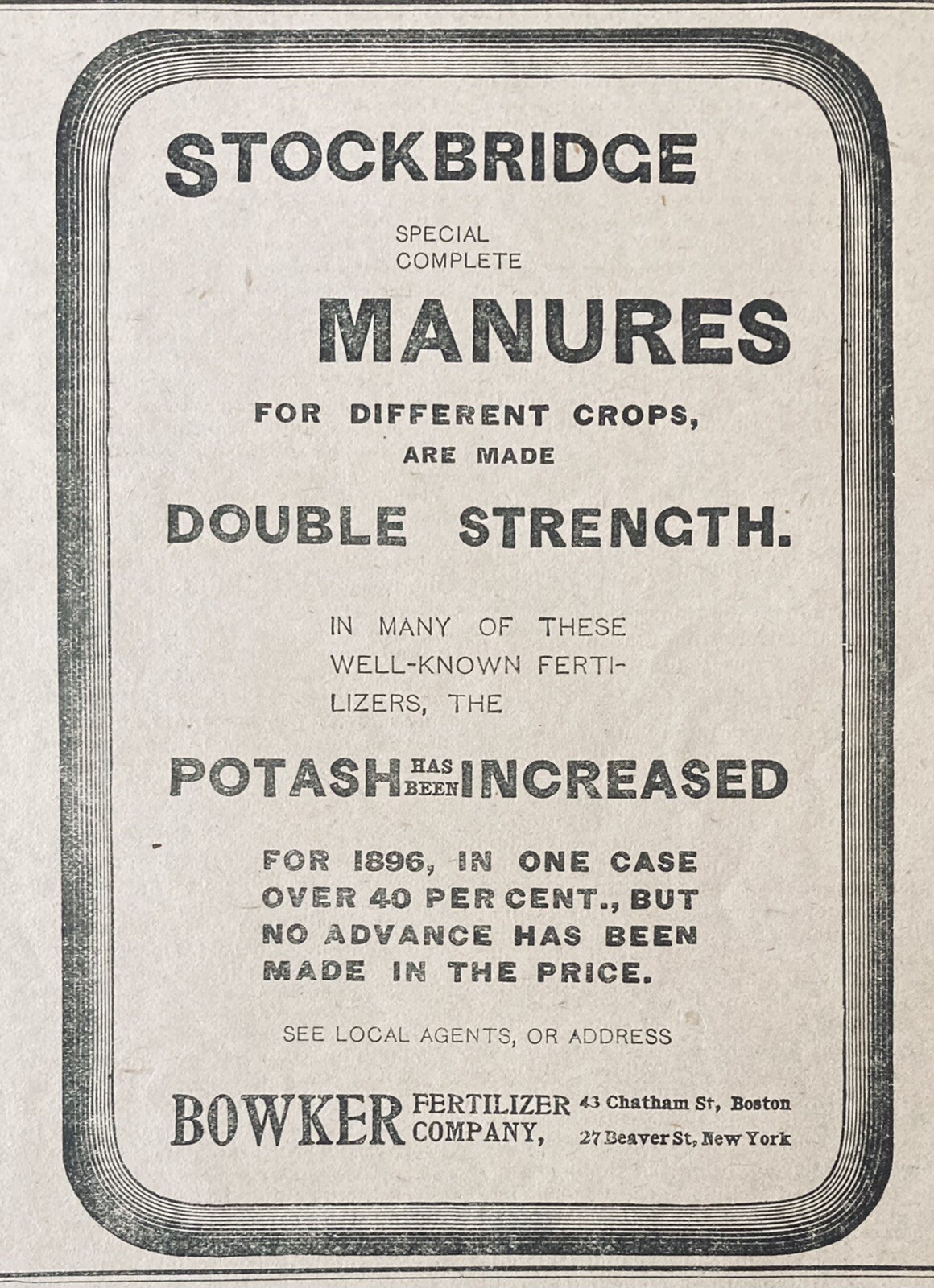 1896 AD.(XH44)~BOWKER FERTILIZER CO. BOSTON. STOCKBRIDGE MANURES