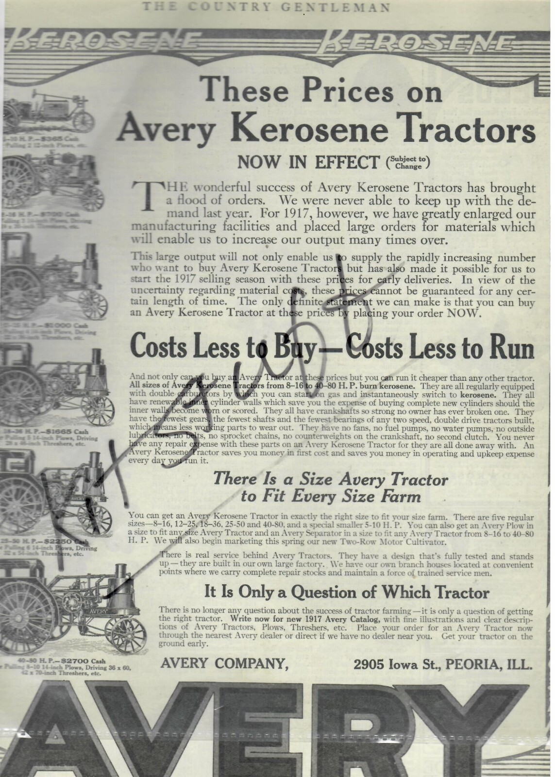 Avery Kerosene Tractors Advertisement – March 10, 1917