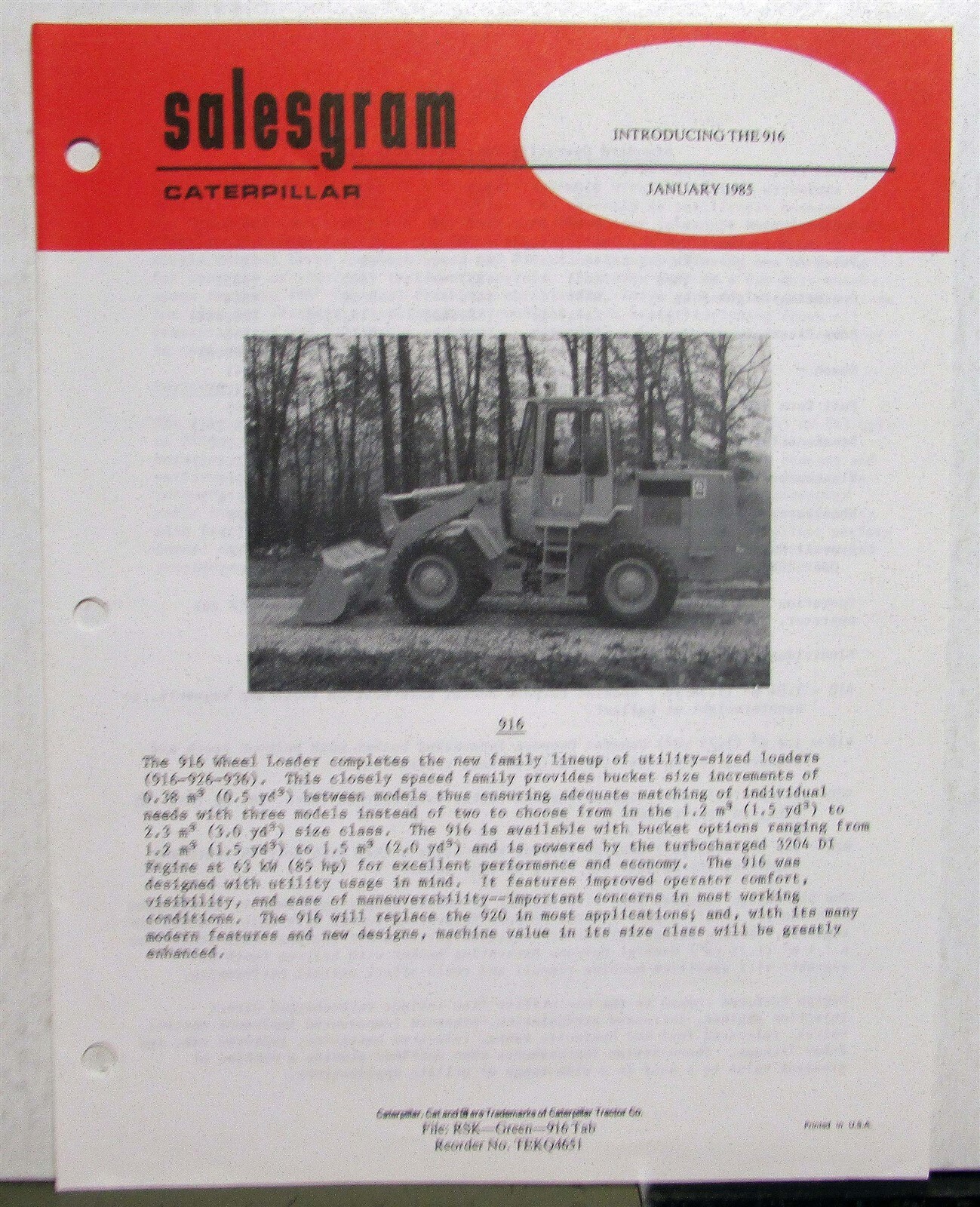 1985 Caterpillar 916 Wheel Loader Utility Sized Specs Construction Tri-Salesgram