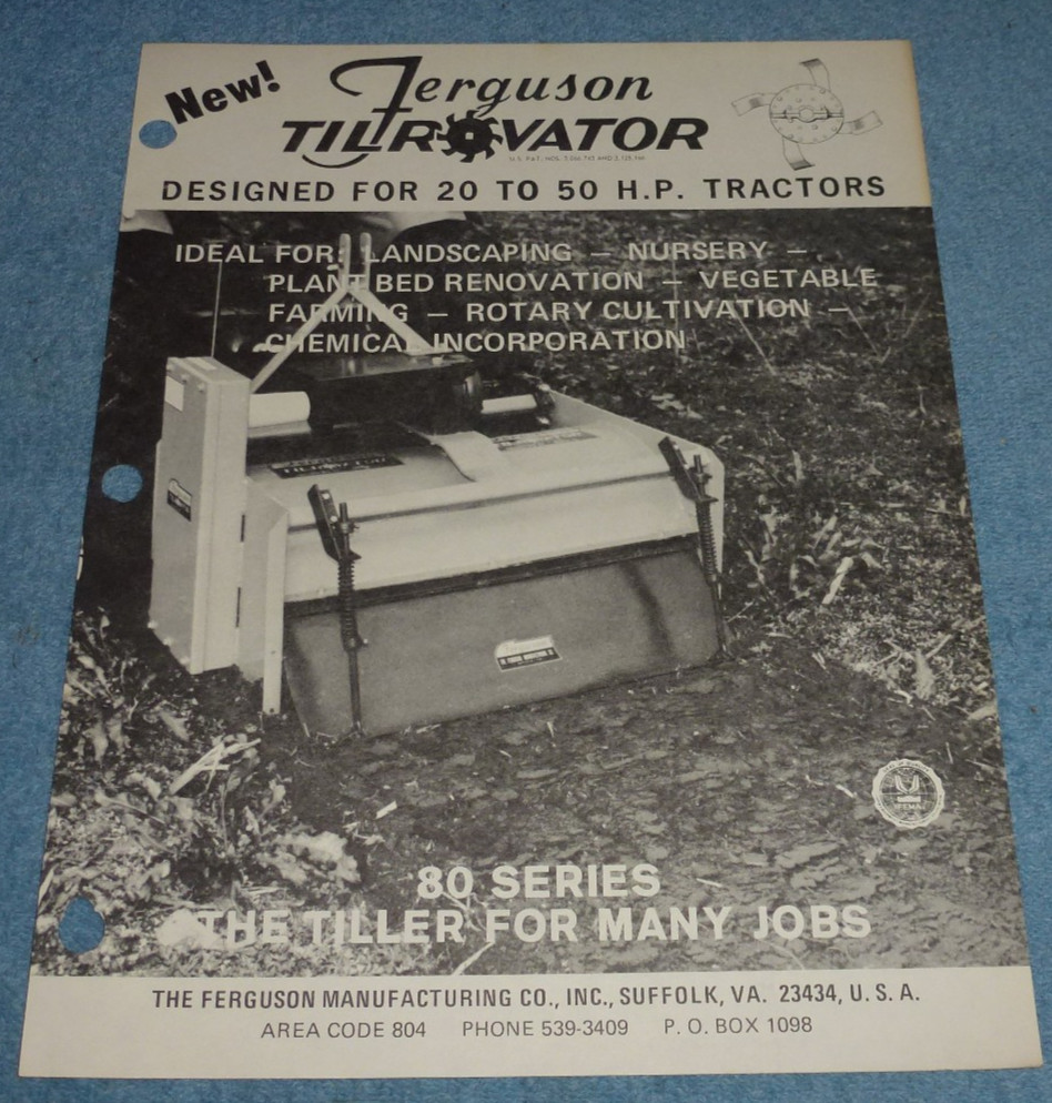 Vtg Ferguson Mfg Co Tilrovator 80 Series Tiller For 20-50 HP Tractors Sheet Spec