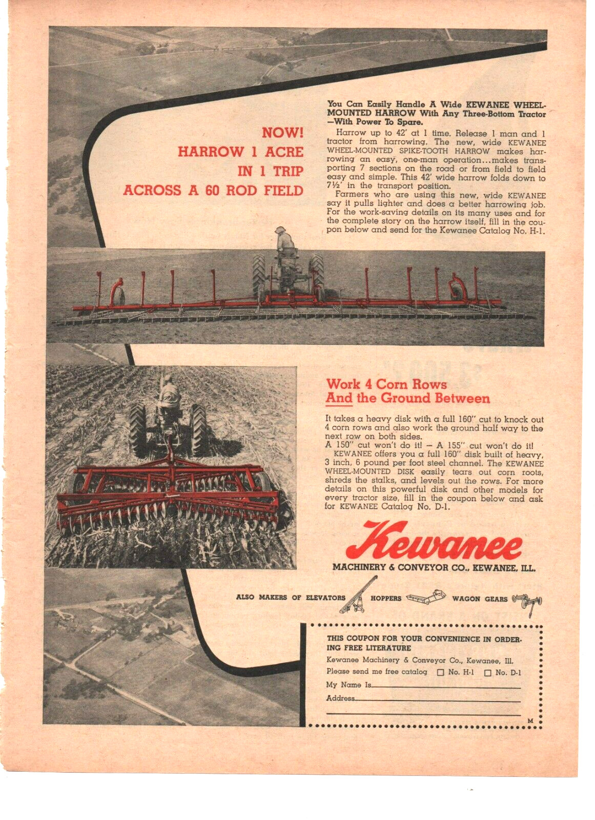 Kewanee Machinery & Conveyor Harrow Vintage Print Ad 8inx11in