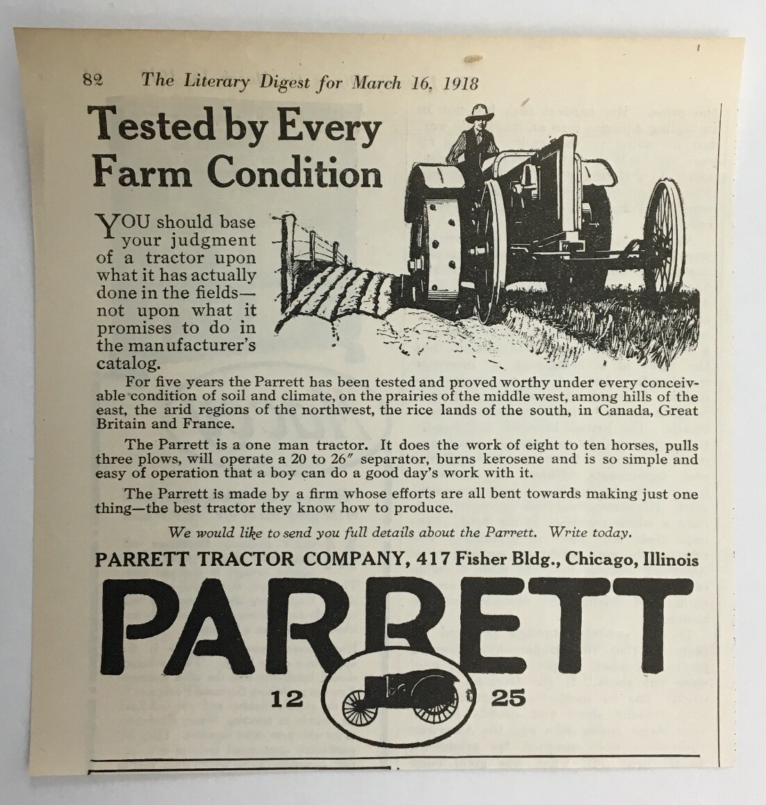 1918 PARRETT TRACTOR B&W advertisement. 100+ years old