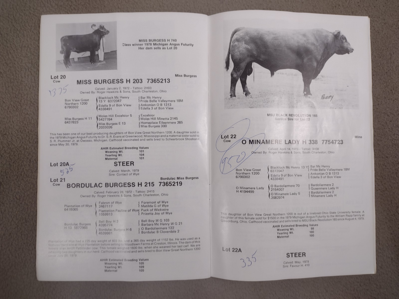 Cattle Auction Book John Jelley & Sons and Roger Hawkins & Sons Sidney Ohio 1979