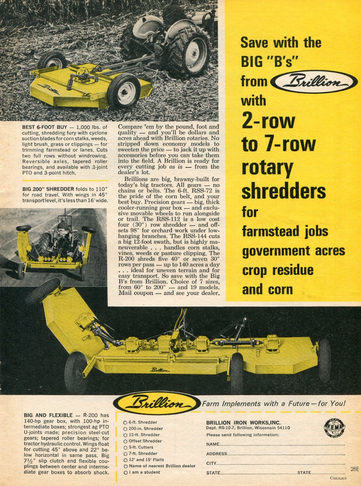 1968 Print Ad of Brillion Big 200 Tractor Mower Shredder R-200 RSS-112 RSS-144